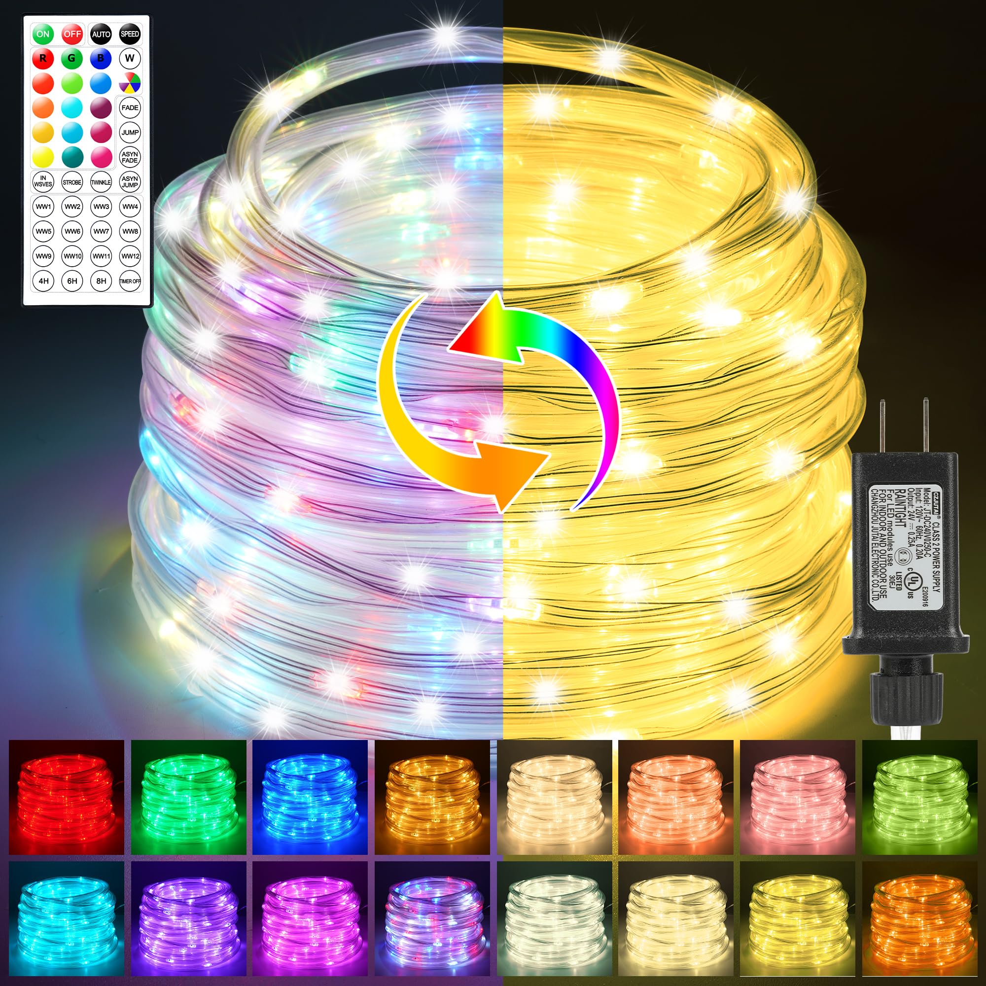 Rope Lights Outdoor Color Changing, 33ft Warm White Rope Lighting 100 LED String Lights Plug in with Remote, 30 Colors Rope Ligh
