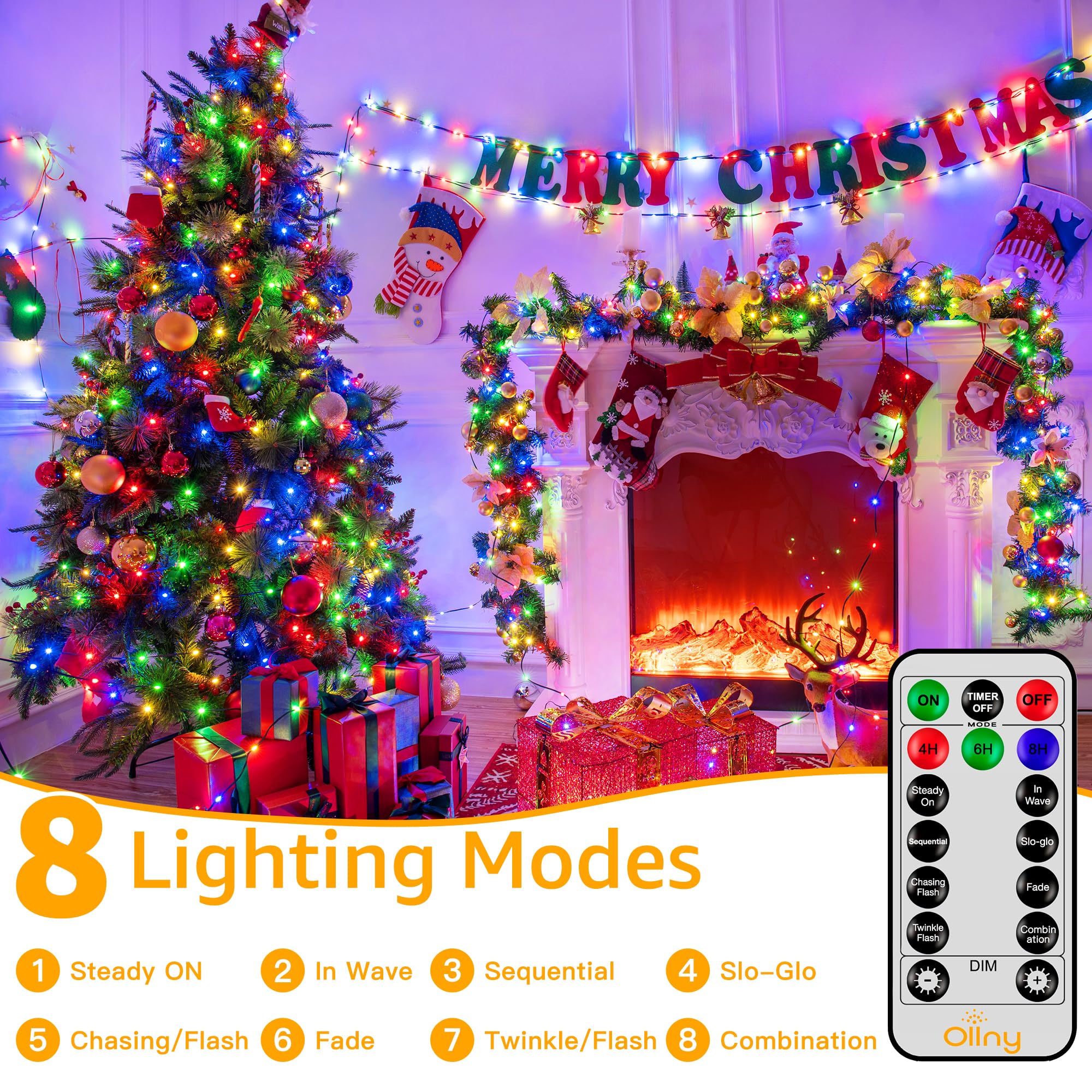Ollny 198 FT 600 LED Multicolor Waterproof Christmas Lights with Remote Timer, 8 Modes for Indoor/Outdoor Xmas Decorations