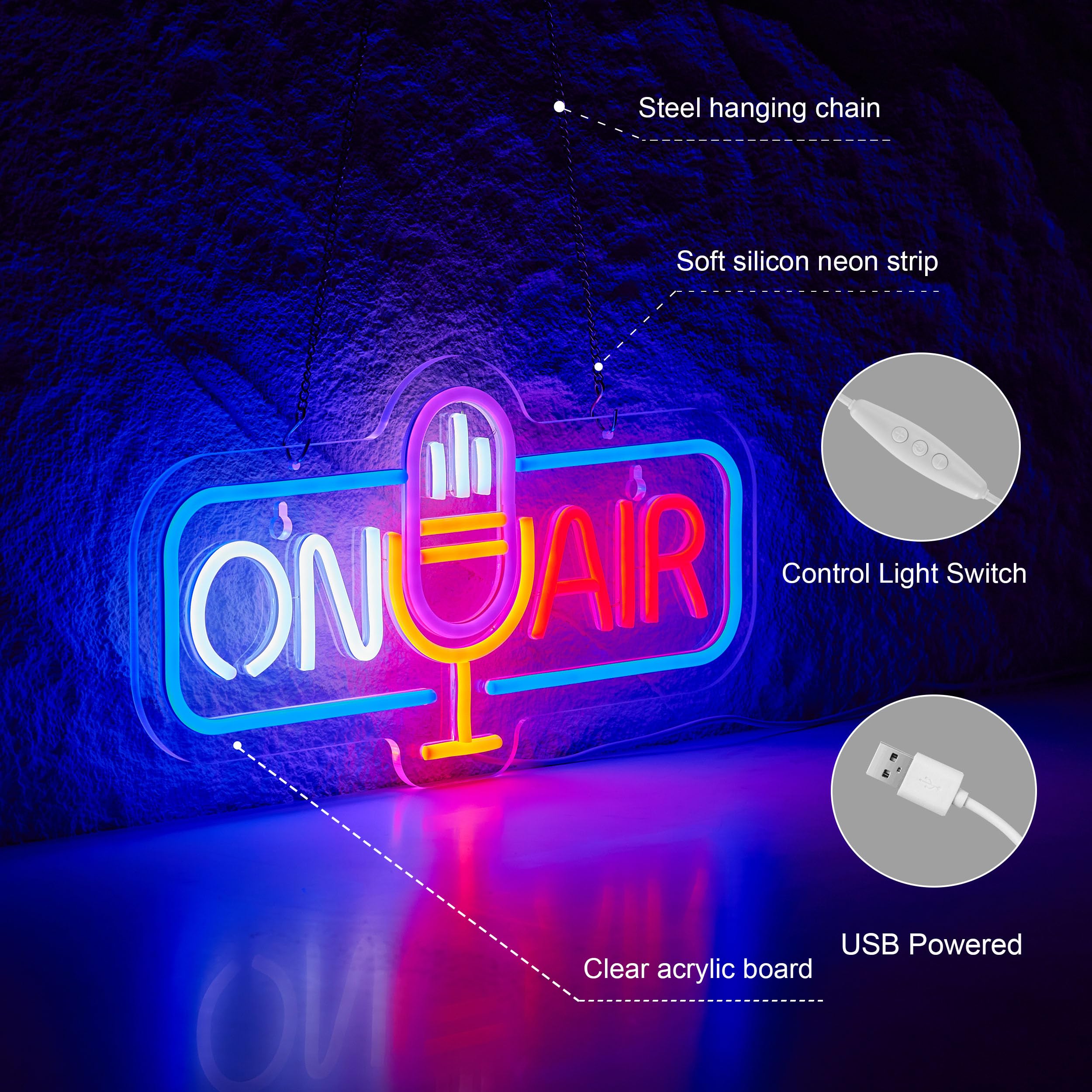 Roouneon LED Neon Sign - Live On Air for Wall Decor, Red+White, Acrylic, Dimmable Switch - Perfect for Home, Bar, Office, Cafe