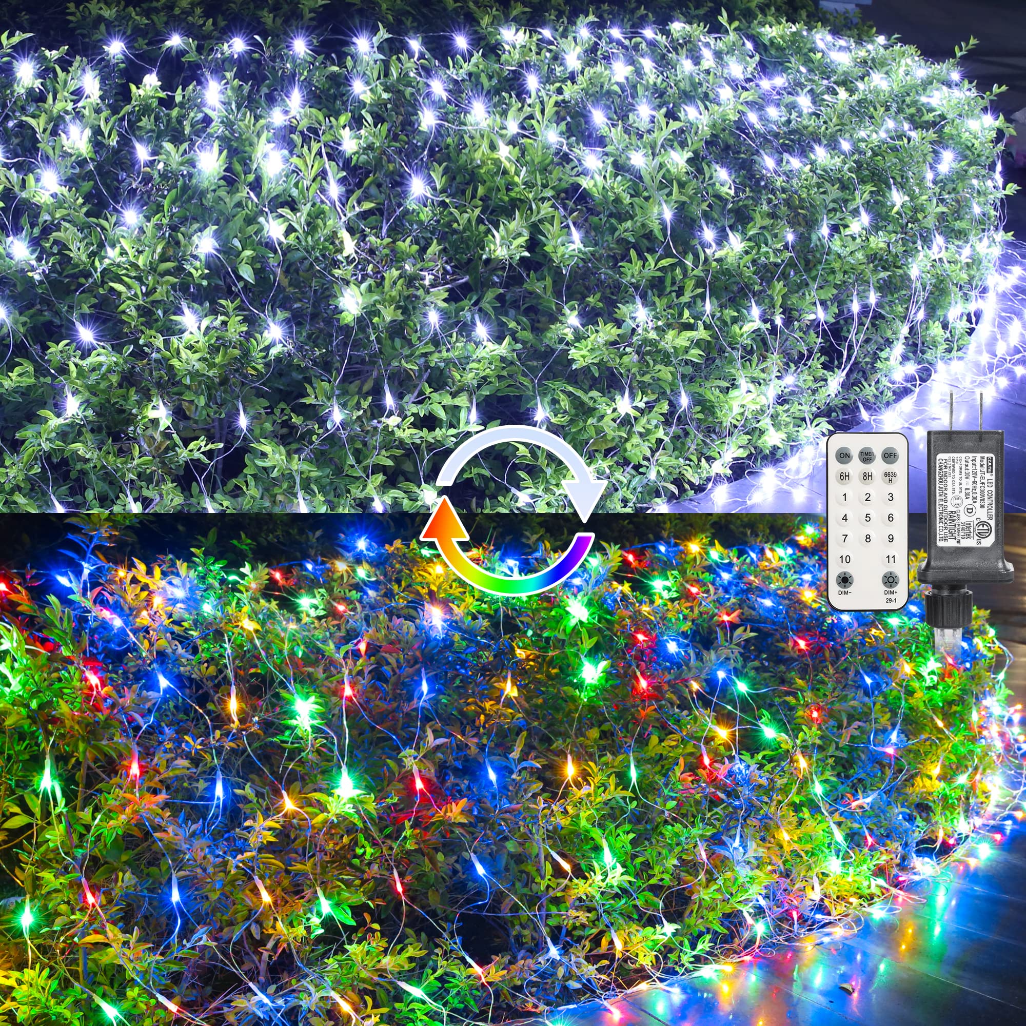 12.5ft x 5ft Color Changing Christmas Net Lights, 390 LED Bush Mesh Lights with Remote, 11 Modes Color Changing White & Multicol
