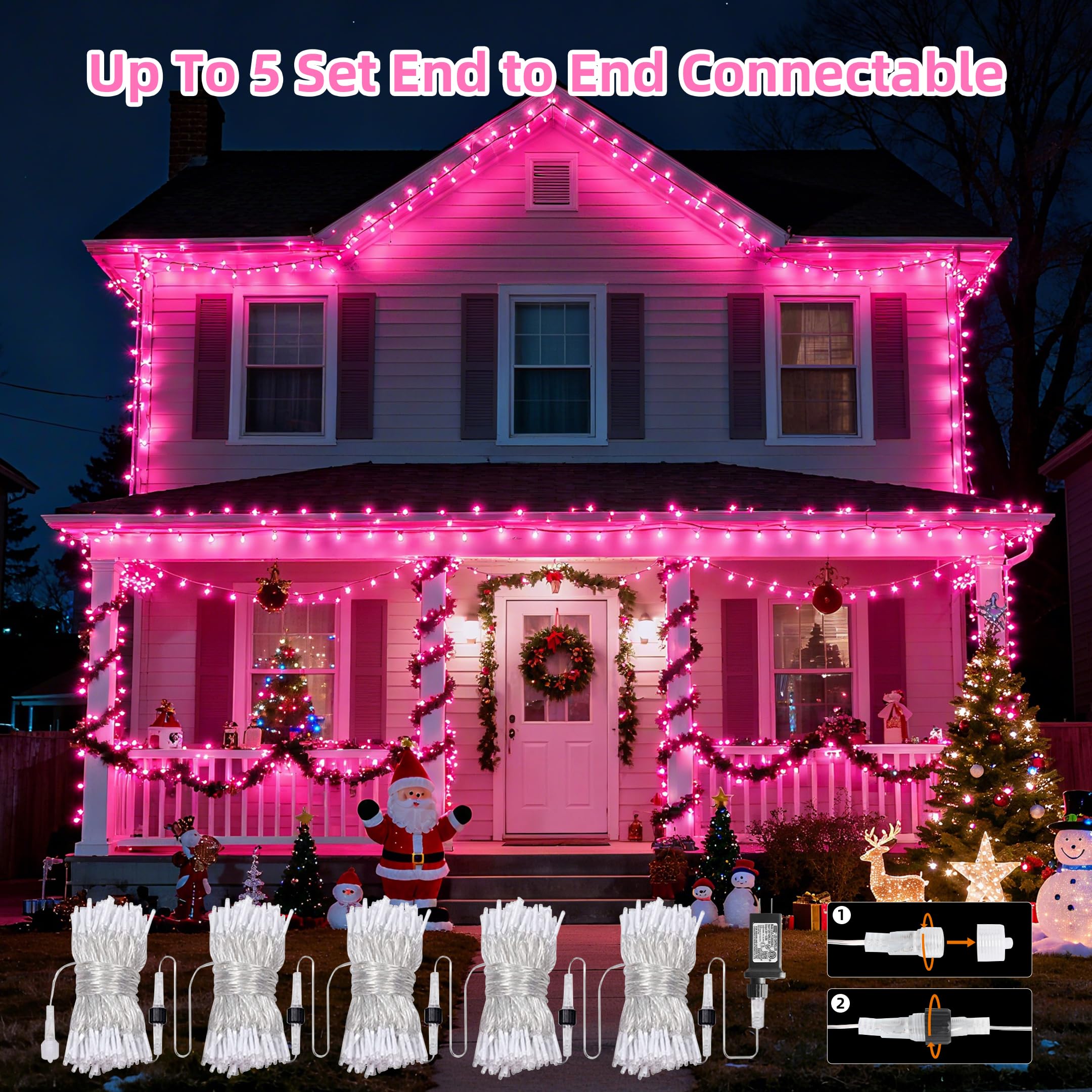 Vtechology 66Ft 200Led Pink Christmas Tree Lights Plug In 8 Modes Connectable Pink String Light Indoor Outdoor For Christmas Tree Bedroom Garden Decor (Clear Wire)