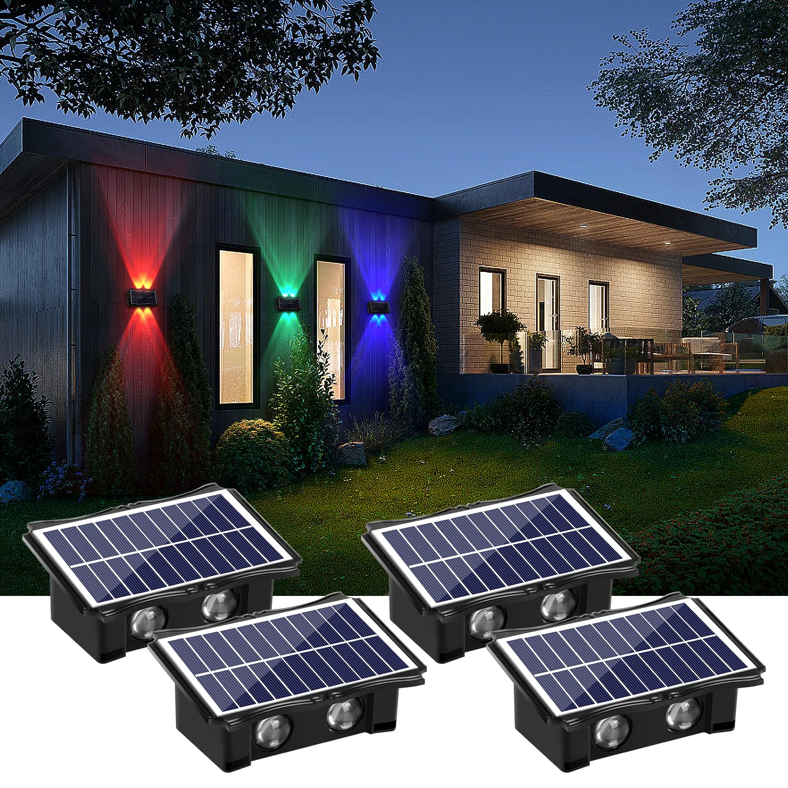 Wonyo 4Led Multi-Color Solar Wall Lights, Up And Down Lighting Solar Outdoor Light Waterproof Ip65, Solar Fence Light For Yard Garden Garage Walkway Porch Christmas Decorations (4 Pack)