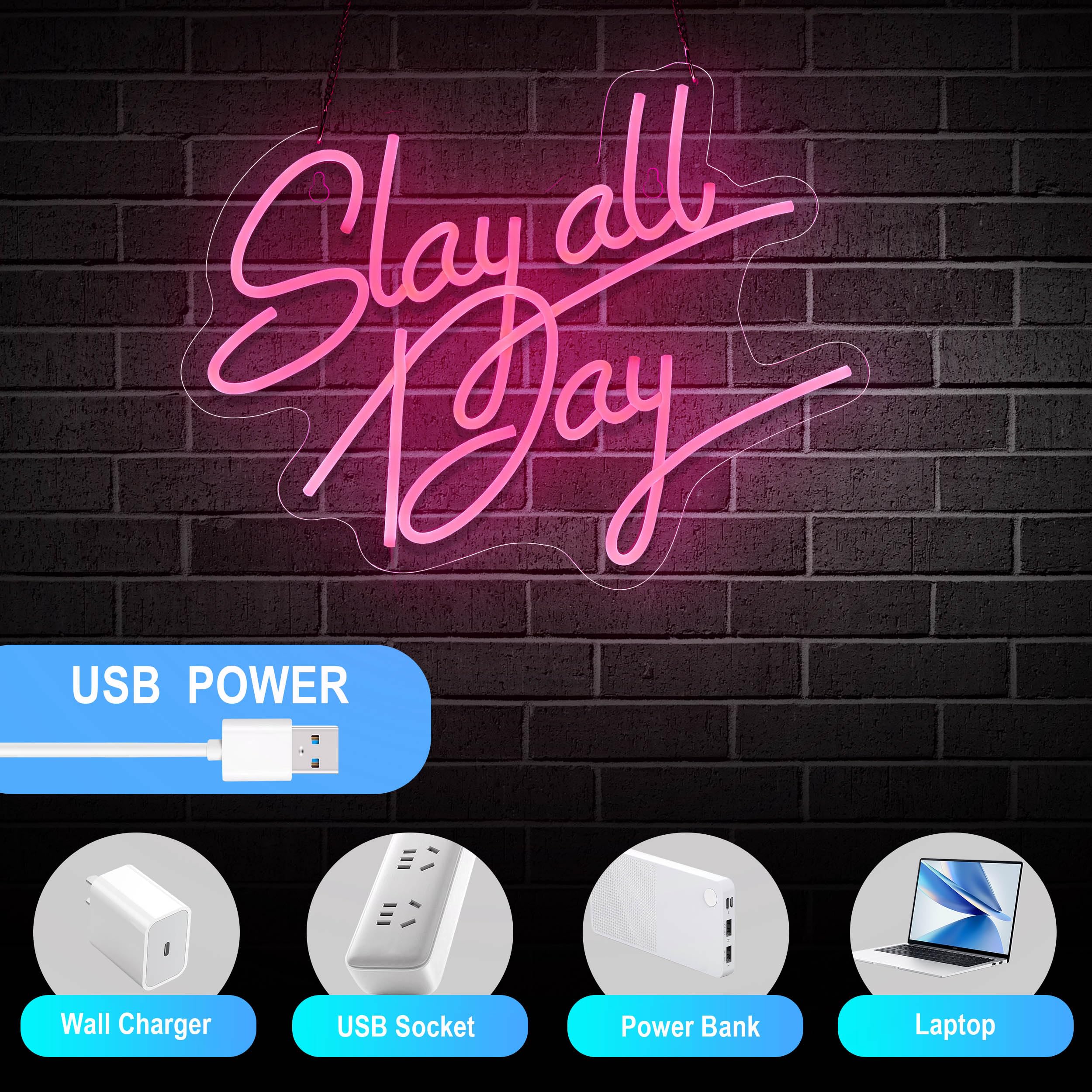 Neonhonba Slay All Day Neon Sign LED Wall Décor USB Powered 17x13 inches Pink Acrylic