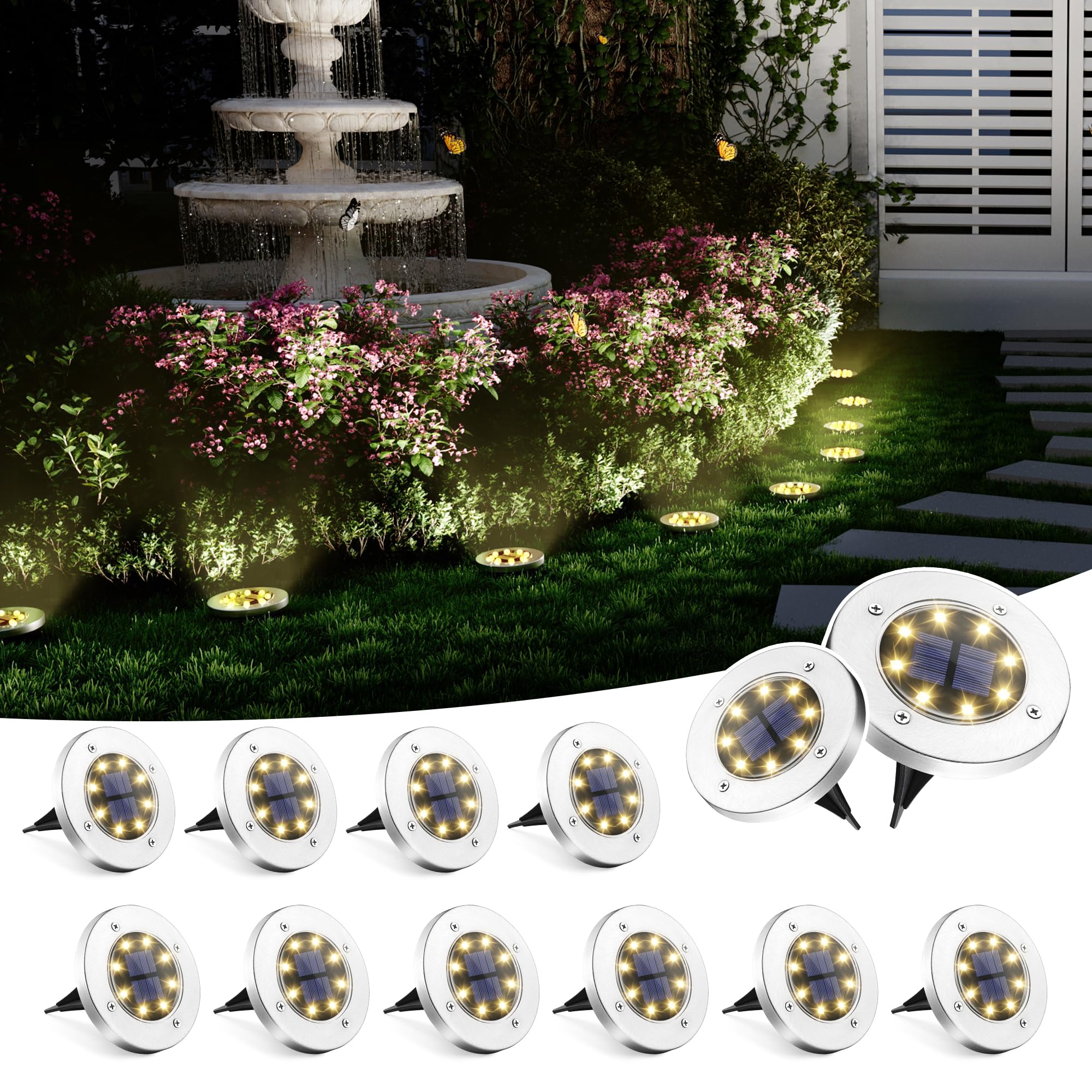 SOLPEX Solar Ground Lights, 12 Pack, 8 LED, Waterproof, Stainless Steel, Warm White, Model 8587