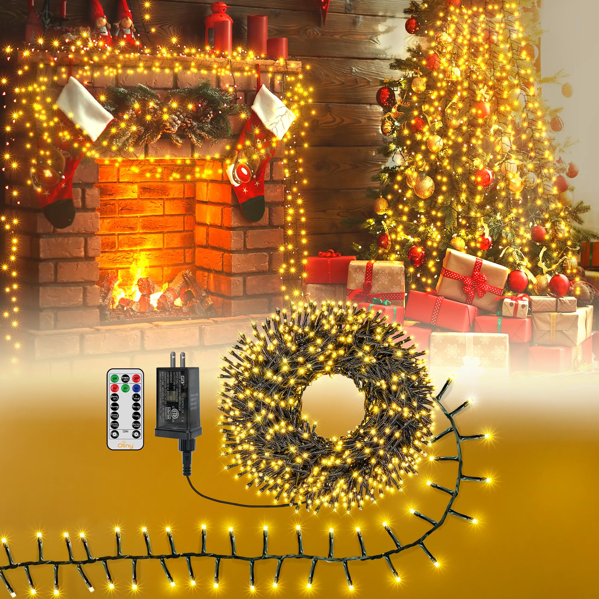 Ollny 600LED 30ft Christmas Cluster Lights for Tree, Red and Green Outdoor 8 Modes Timer Remote, Waterproof String for Indoor Ou