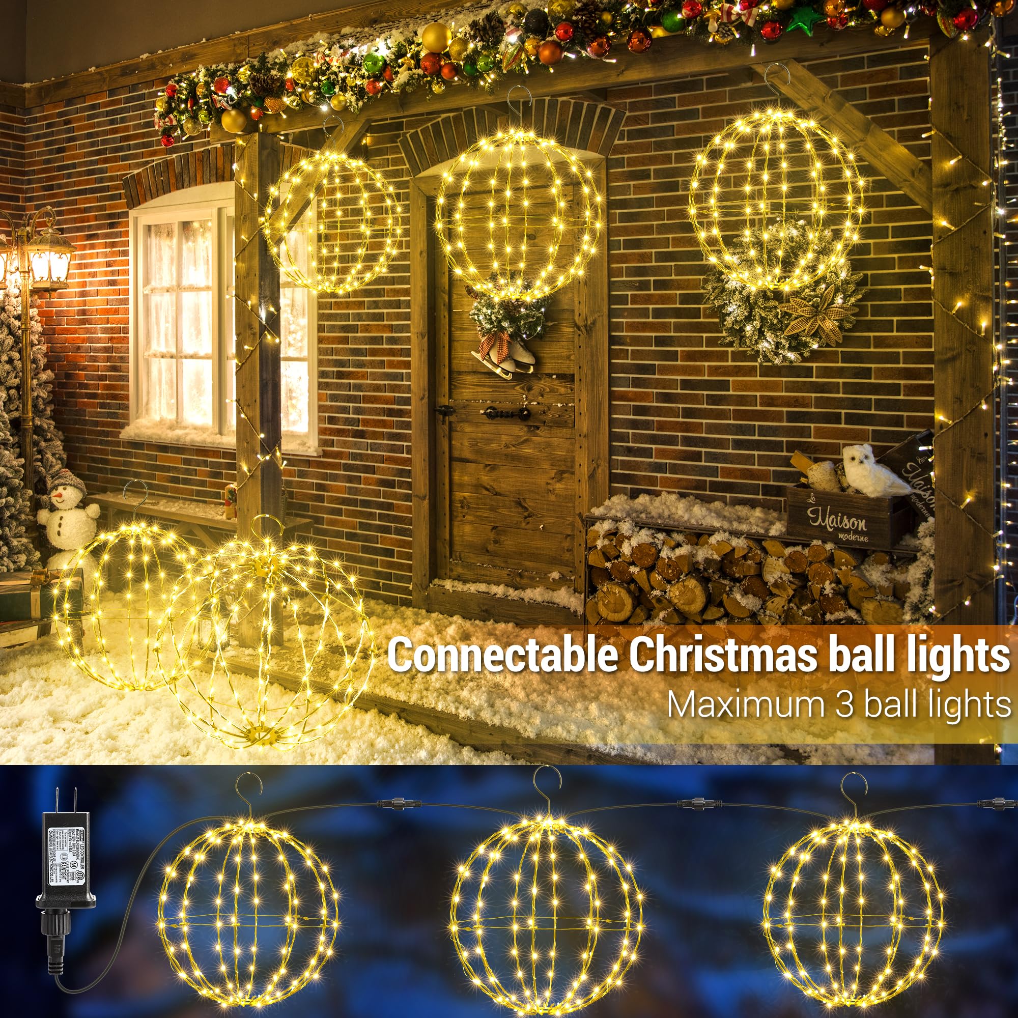 Flacchi Christmas Hanging Ball Lights Set of 2, Warm White, Waterproof, 8 Modes, SSM0120-S-6V, Indoor/Outdoor Fairy Lights