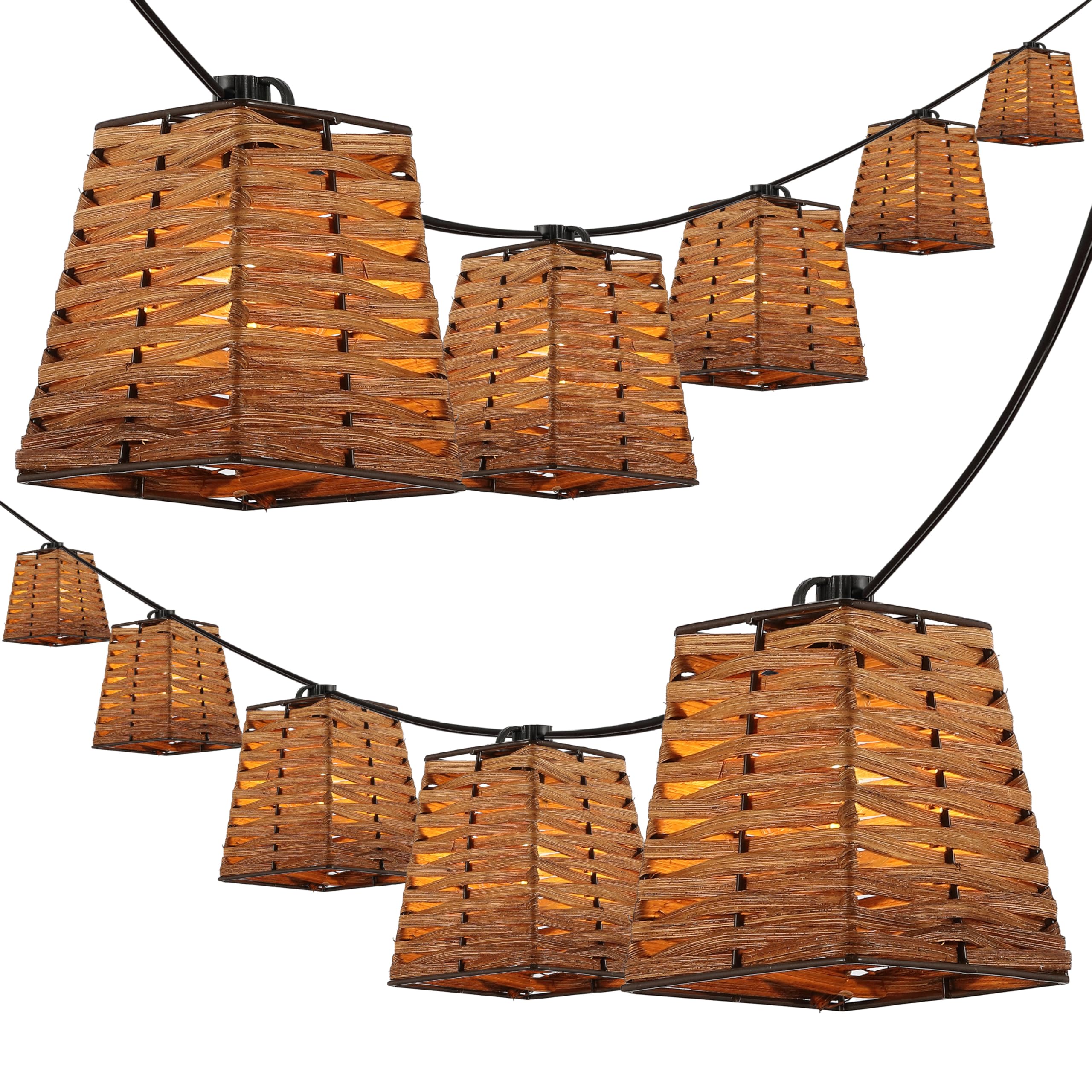 JONATHAN Y 10 Brown 10-Light Bamboo Square String Lights, Classic Vintage Indoor/Outdoor Geometric Lanterns for Patio Deck Porc