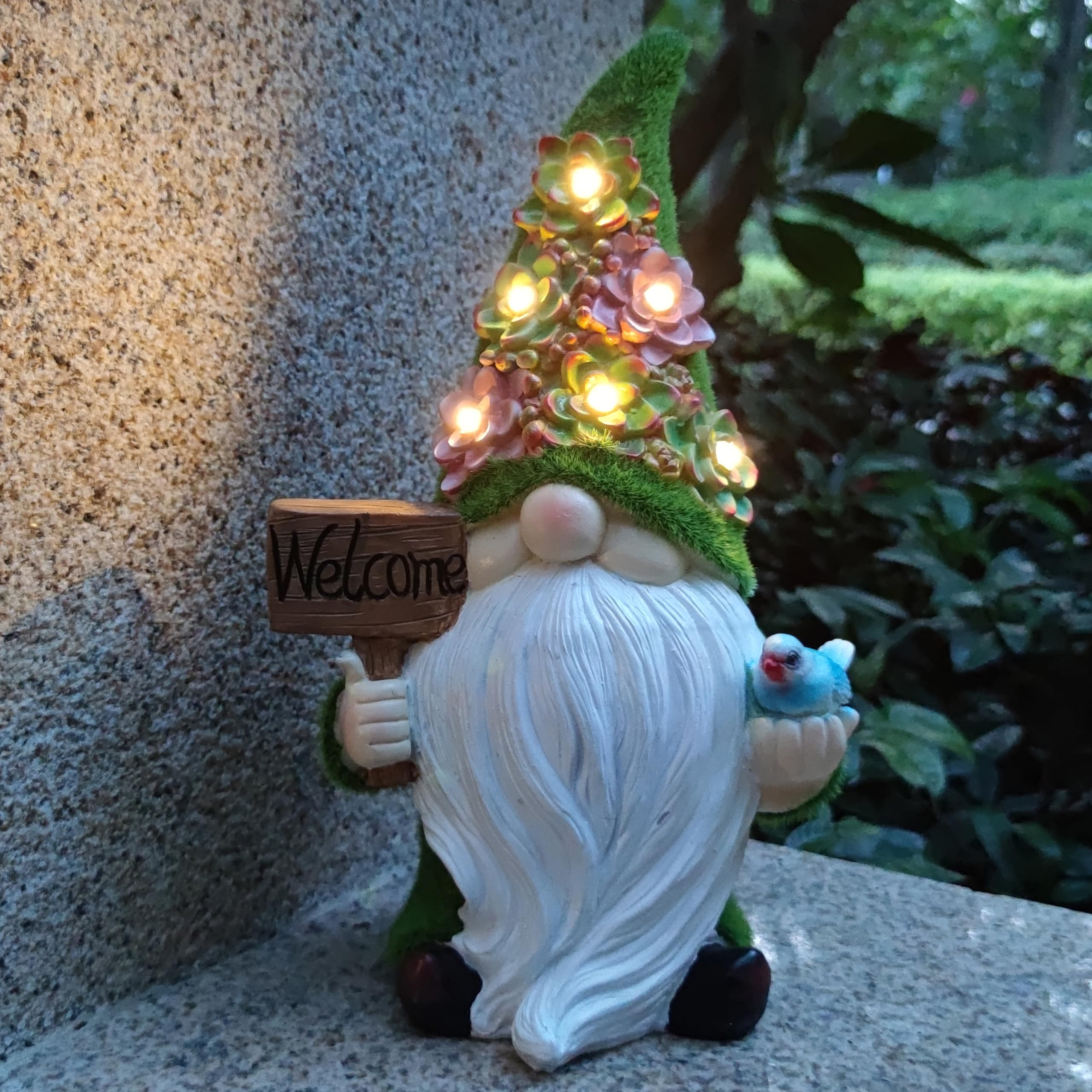 Vioyouns Solar Gnomes Garden Statues Resin Gnome Figurine Holding Welcome Card And Bird With Solar Lights  Outdoor Gnomes Decorations For Yard Patio Lawn Porch  Garden Gifts