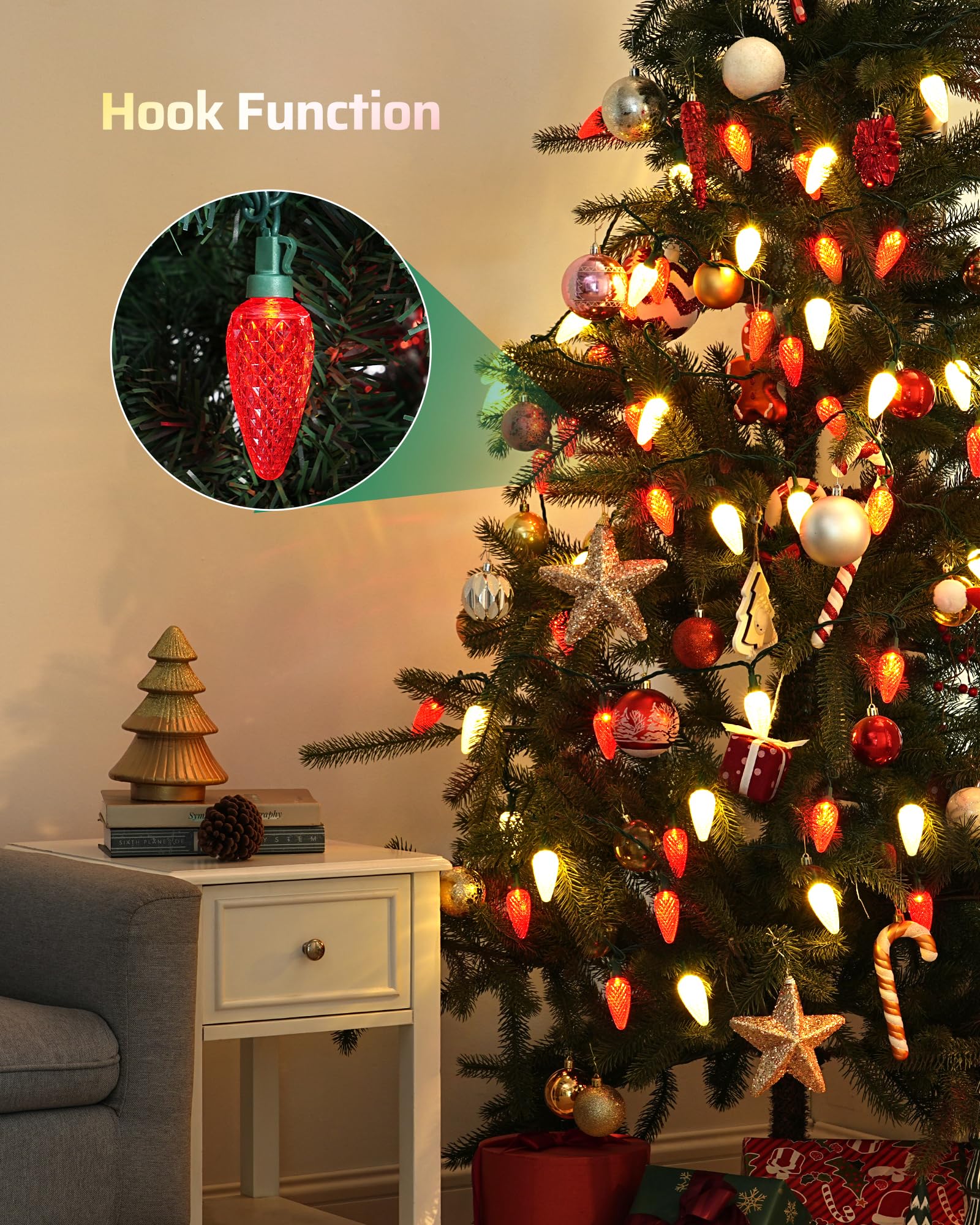 Dewenwils C9 Red & White Christmas Lights, 33.3Ft 50 Led String Lights Waterproof, Indoor/Outdoor Xmas Bulb Light With Hook For