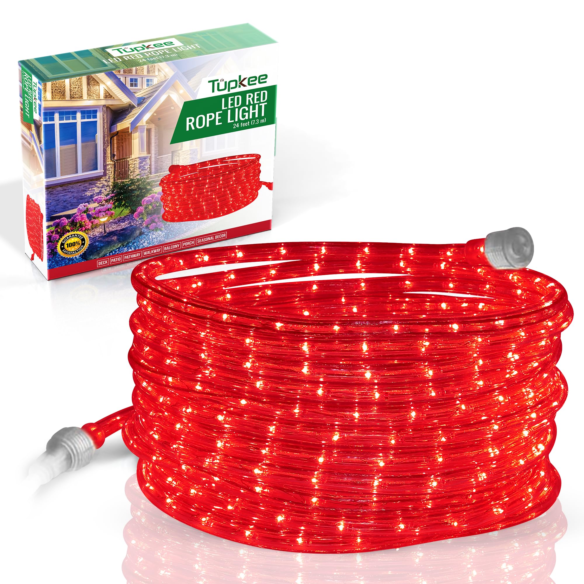 Tupkee Led Rope Light Red - For Indoor And Outdoor Use, 24 Feet (7.3 M) - 10Mm Diameter - 144 Led Long Life Bulbs Rope Tube Lights