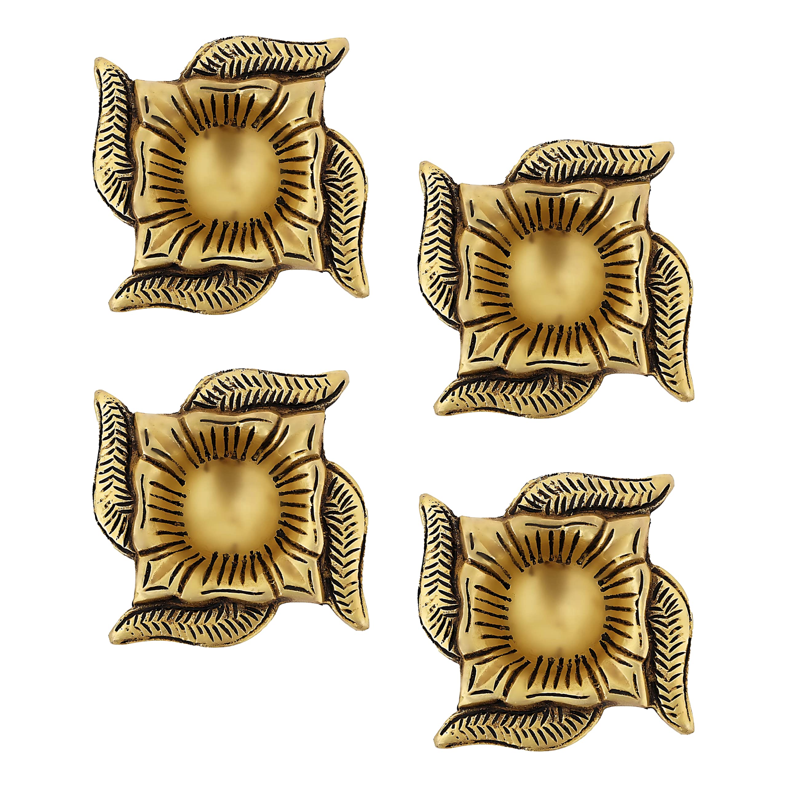 Jaszz Art Brass Diya (4 inches and 800g) Swastik Ethnic Design Handmade Curved Oil Wick Antique Kuber Deepak Lamp for Home Decor