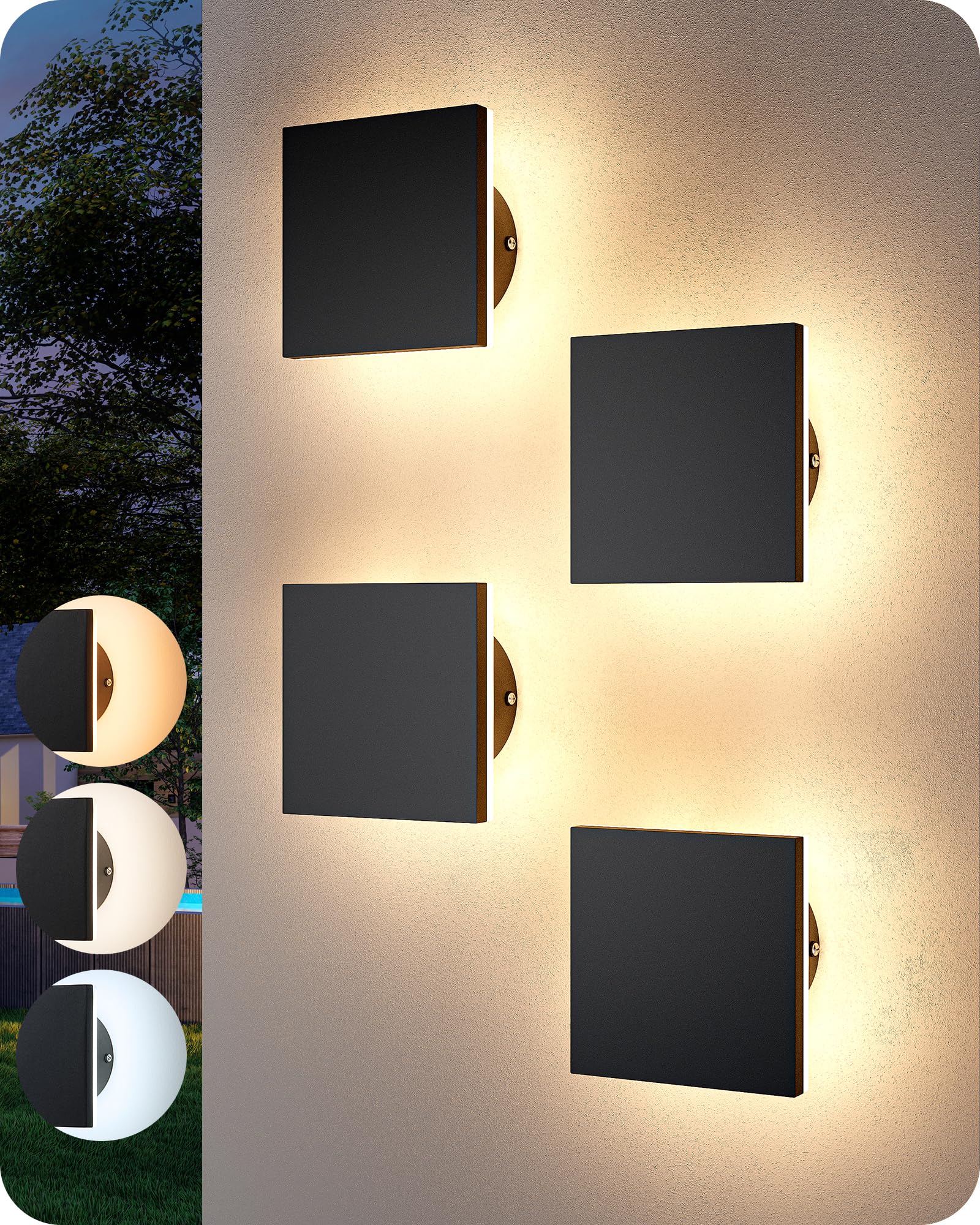 EDISHINE 4 Pack LED Outdoor Wall Lights, 3000K-5000K Dimmable Exterior Lighting Fixtures, IP65 Waterproof Aluminum Modern Wall S