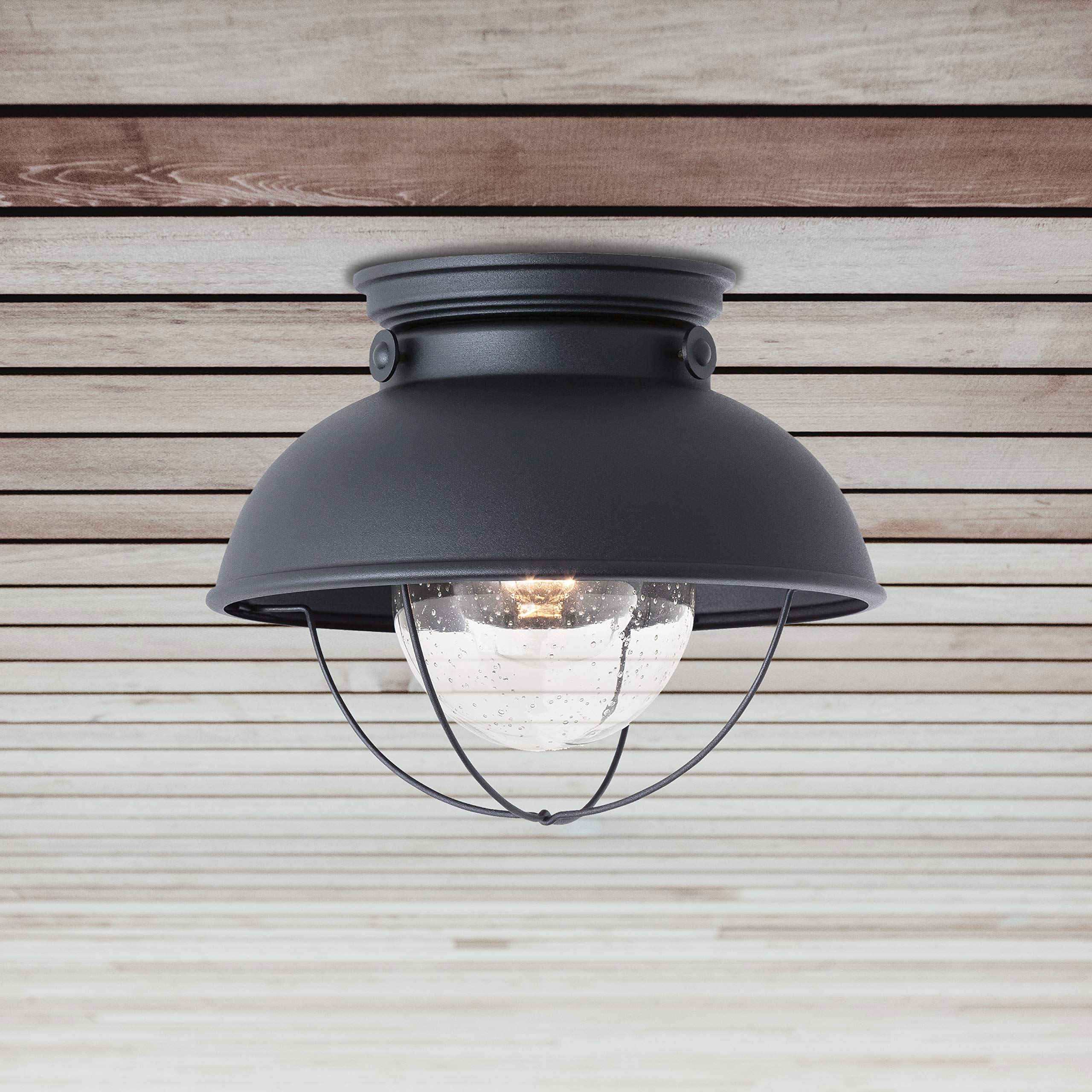 Sea Gull Lighting Outdoor Ceiling Flush Mount Fixture, One-Light, Black Finish, Model 8869-12, Metal