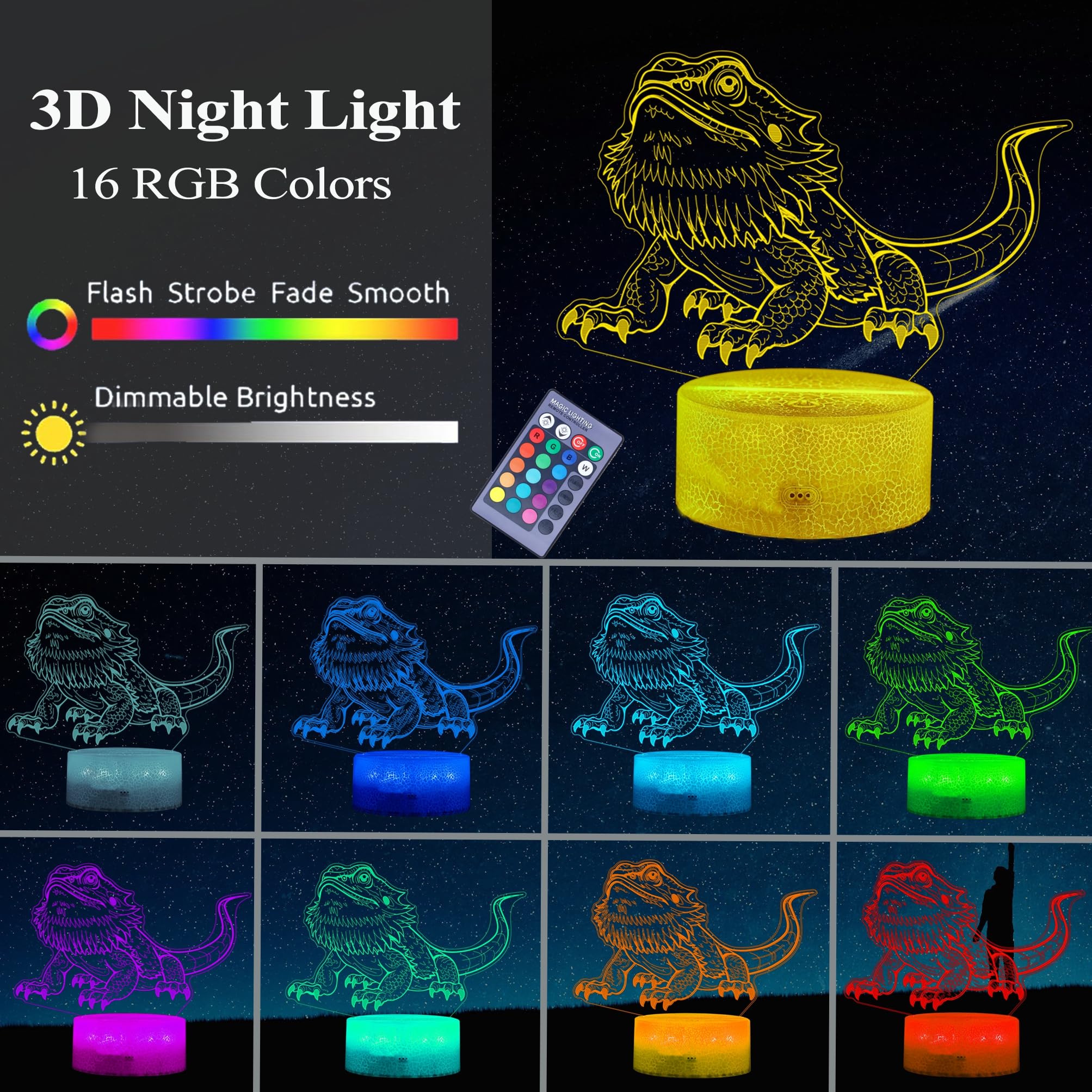 Posshe Bearded Dragon Gift, Bearded Dragons Night Light With Remote Control, 16 Colors Changing, Rgb Flashing Mode, Dimmable, Gr