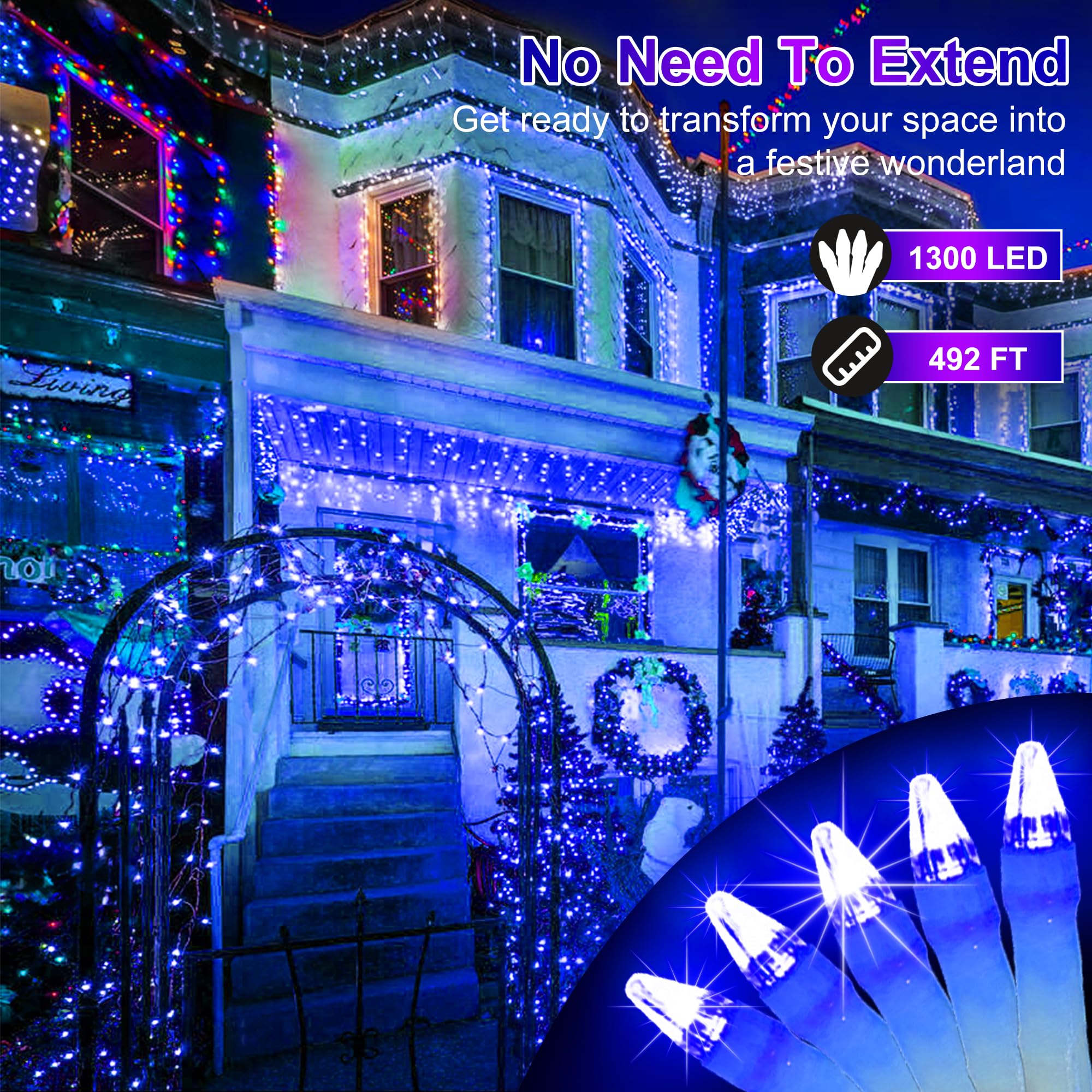Hranboty 492Ft Christmas Lights, 1300 Led Waterproof String Lights With 8 Modes & Timer, Blue
