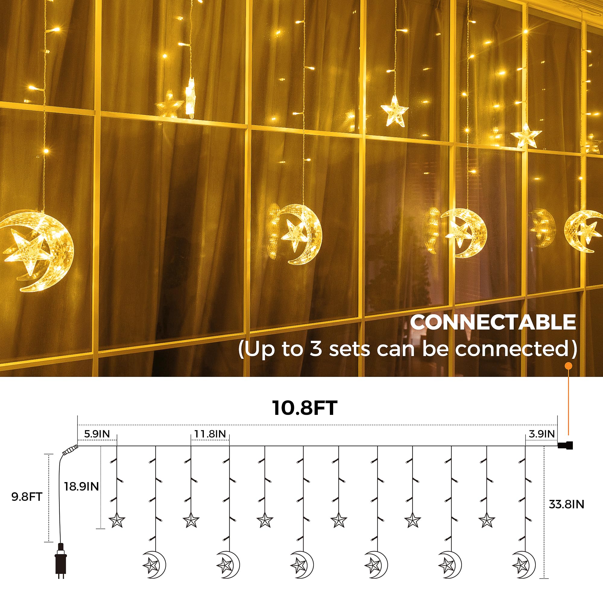 Qunlight Ramadan Decorations Curtain Lights,10.8Ft 138Led Curtain Lights Outdoor Waterproof With 12 Drops, 8 Modes With Timer Co