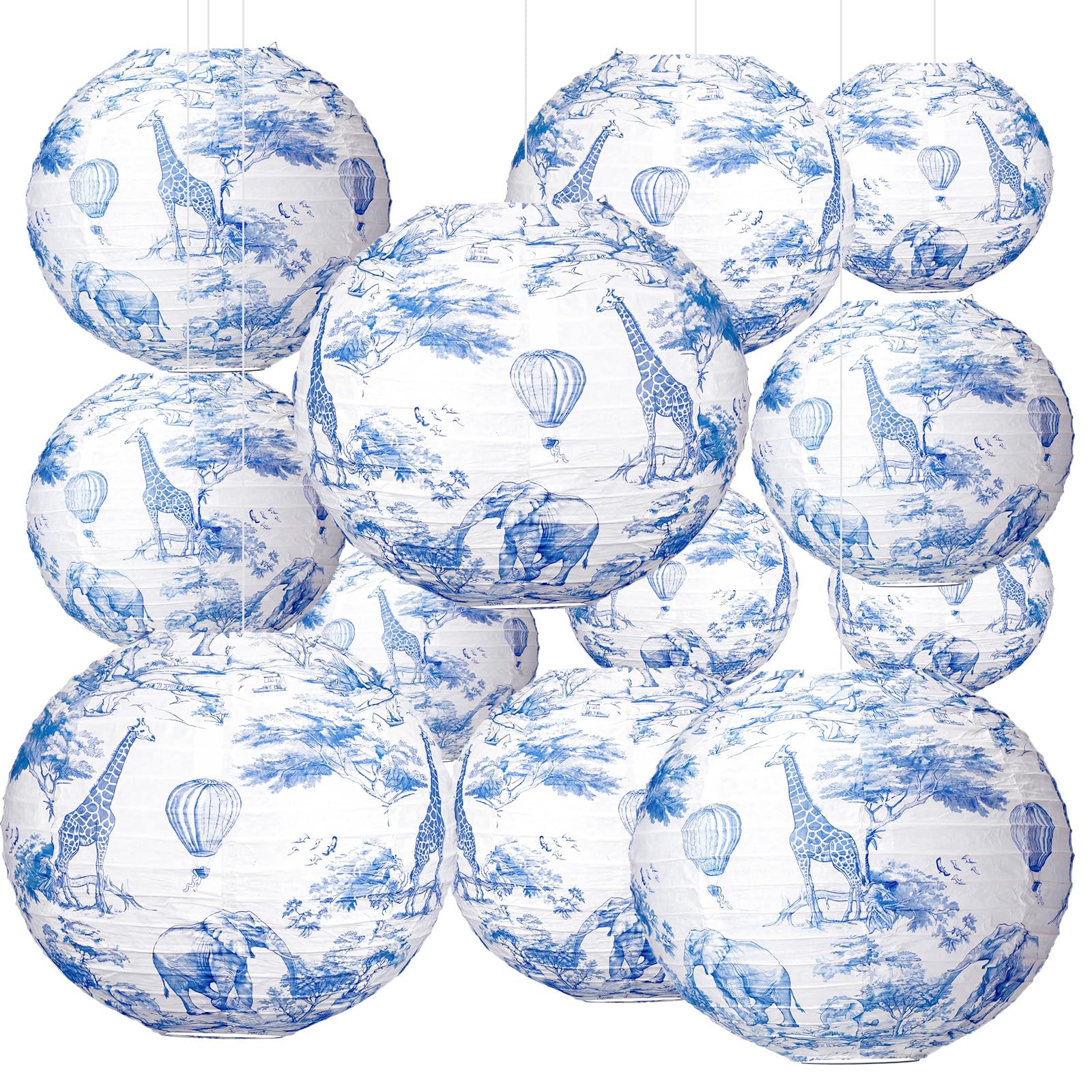 Retisee 12 Pcs 10 Blue Safari Toile De Jouy Paper Lantern Party Supplies Blue Safari Jungle Theme Paper Lantern for Baby Showe