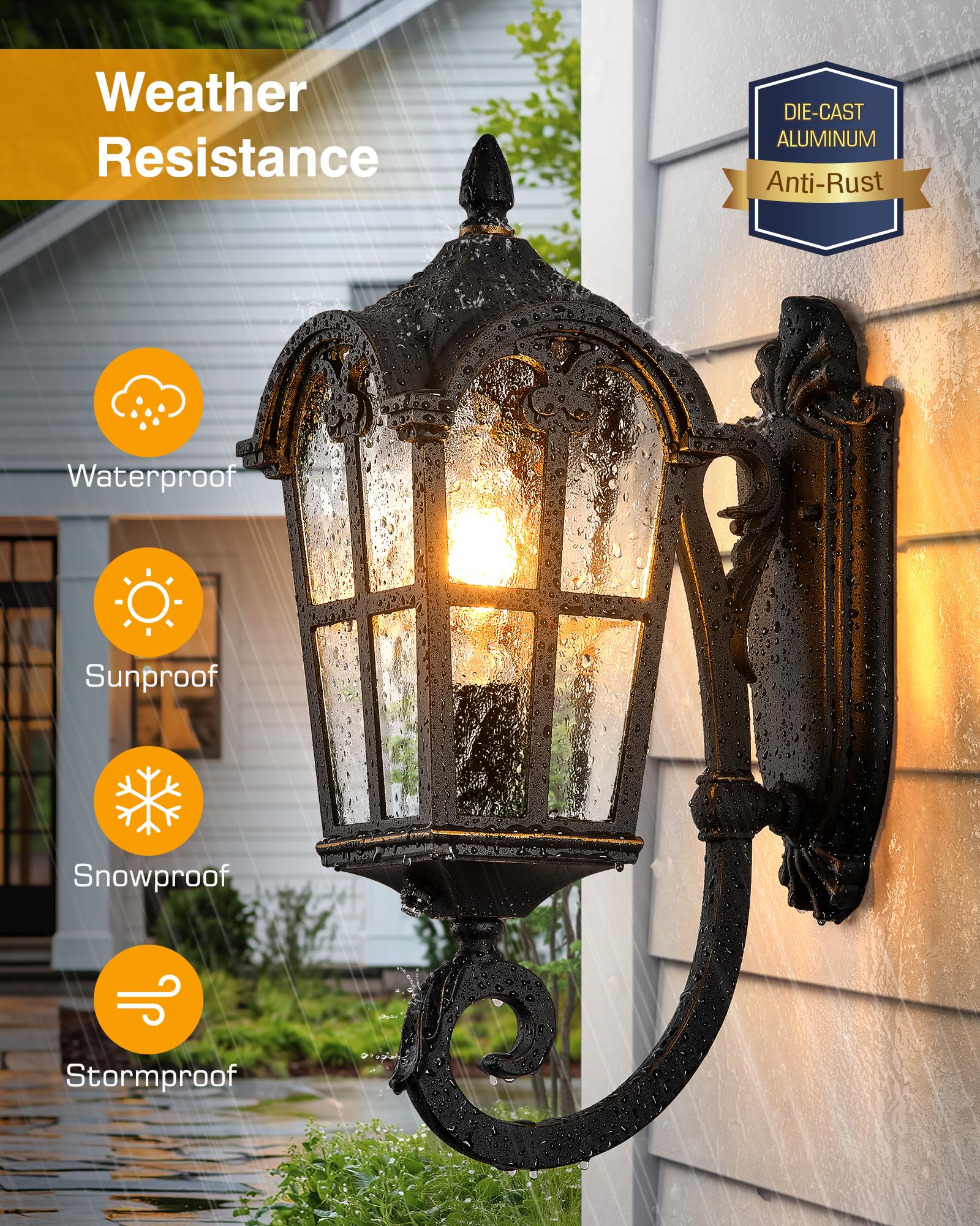 Vianis Outdoor Lights For Porch  Black Dusk To Dawn Outside Lighting With Gold Trim  Porch Lights Outdoor With Tempered Water Ripple Glass For Garden  Patio  Entryway  Waterproof Anti-Rust