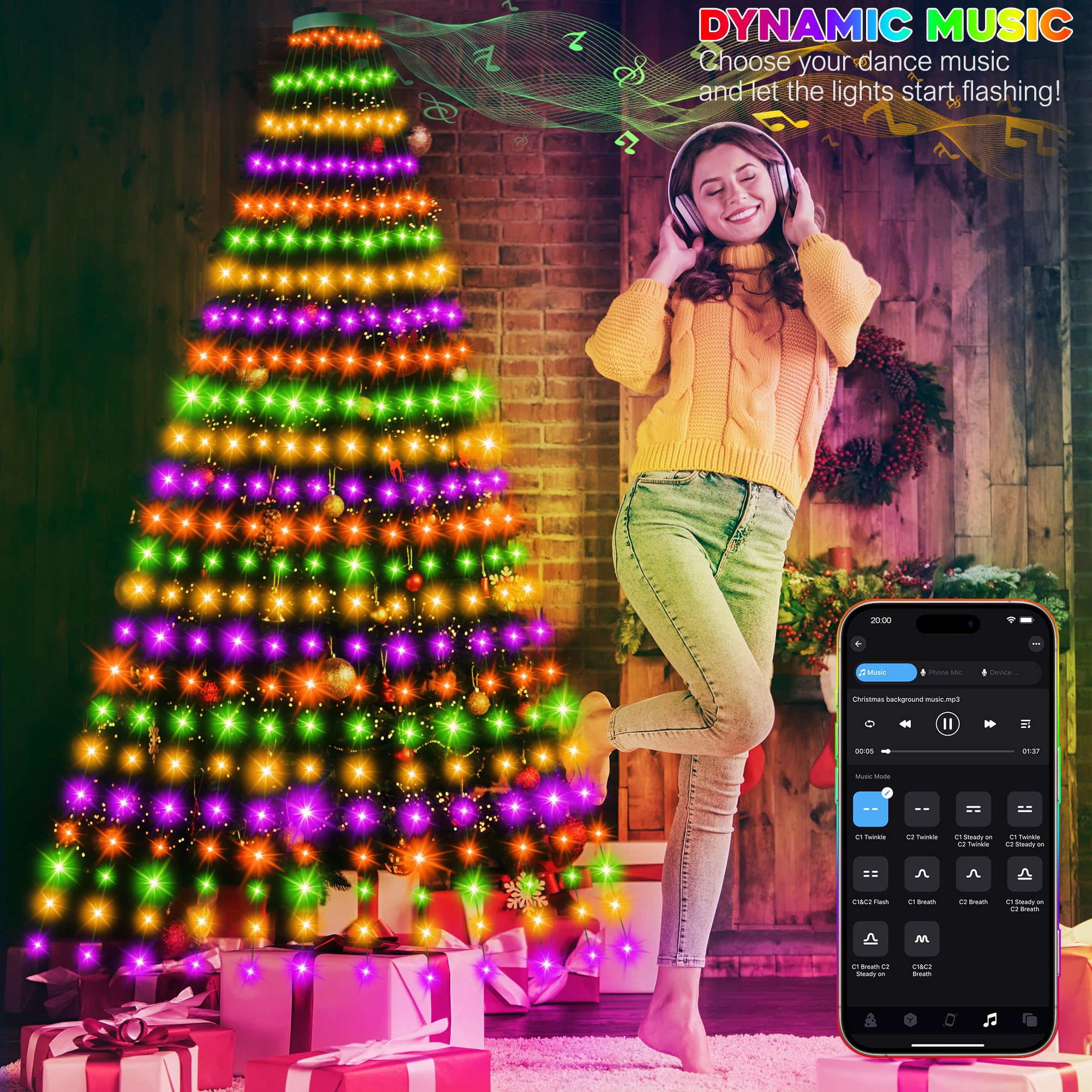 30+ Modes Ring Christmas Tree Lights Indoor Outdoor - 7.05Ft X 12 Lines 312 Led Easy App Control Color Changing Timer Remote Waterproof For 6 7 Ft Xmas Trees (Warm White To Multicolor)