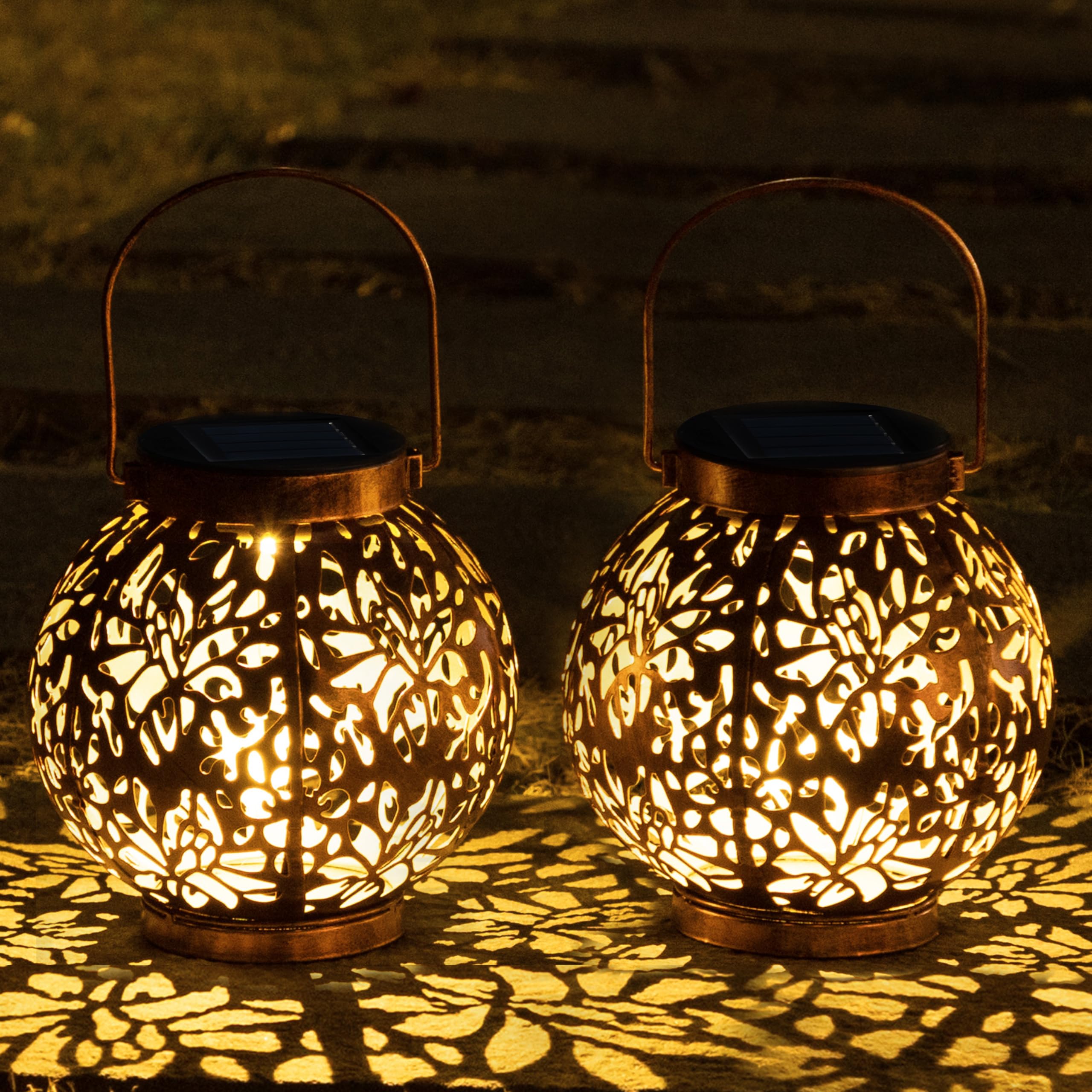 JOIEDOMI 2 Pack Outdoor Solar Hanging Lantern Lights, Waterproof Tabletop with Handle, LED Moroccan Lanterns, Metal Decorative G