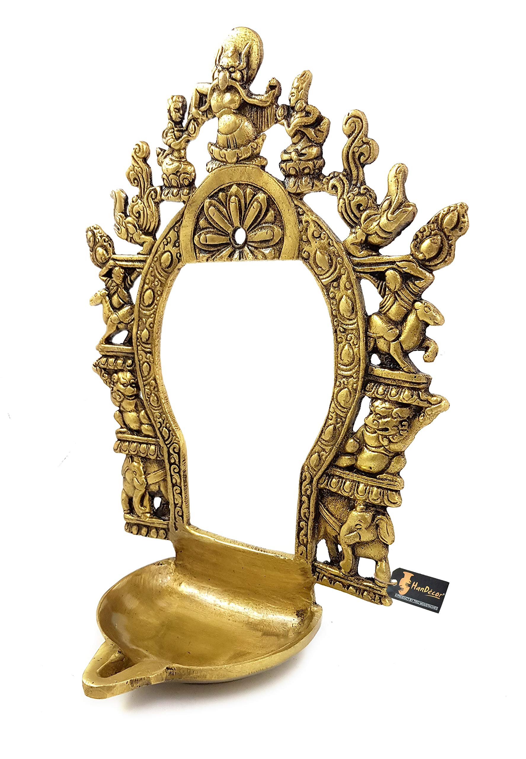 Two Moustaches Ethnic Carving Brass Prabhavali Frame with Diya (Antique Yellow)