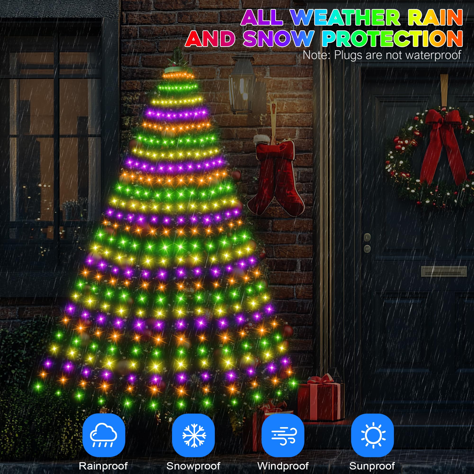 Crebricy 30+ Modes Ring Christmas Tree Lights Indoor Outdoor - 7.5Ft X 12 Lines 336 Led Easy App Control Color Changing Timer Remote Waterproof For 6 7 Ft Xmas Trees (Warm White To Multicolor)