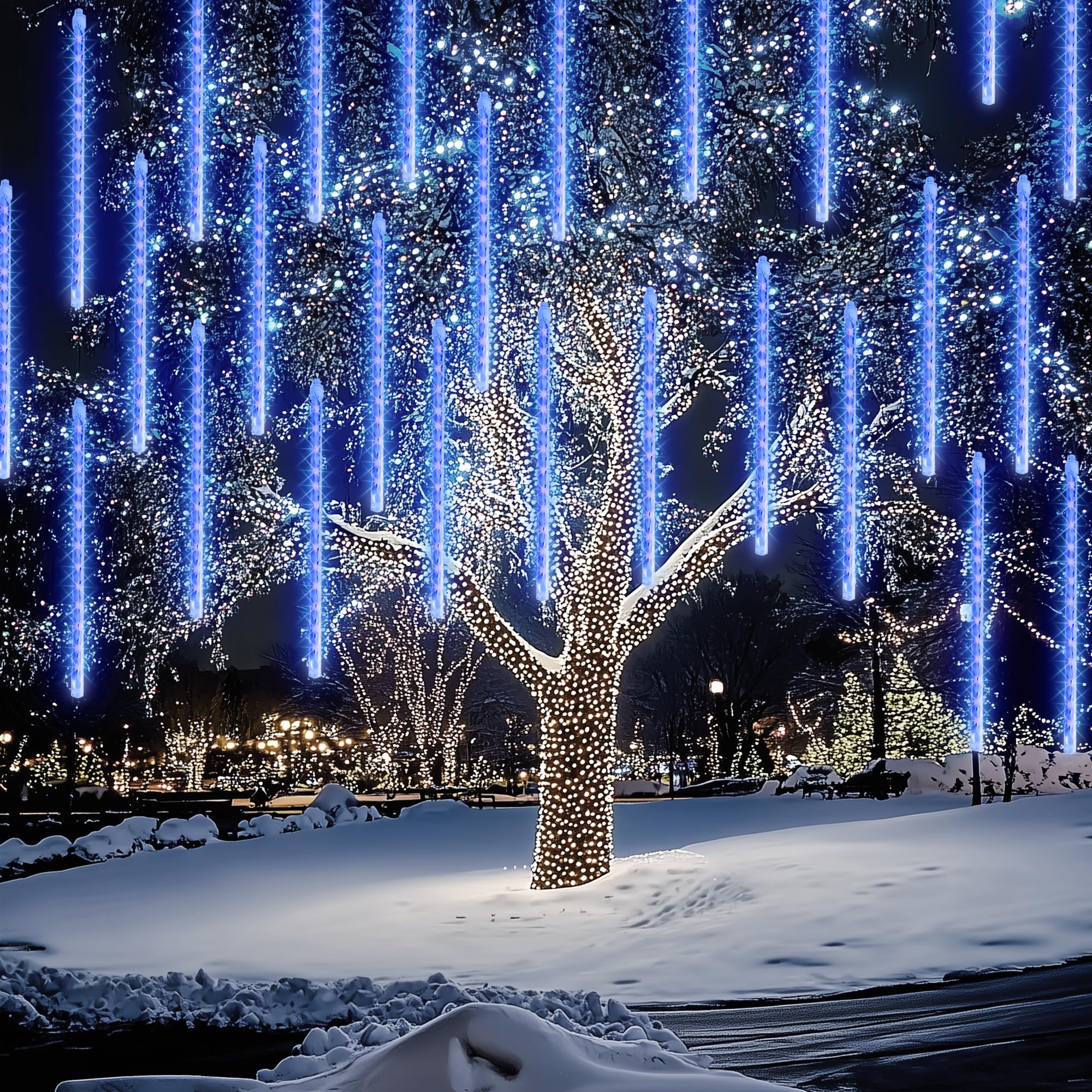 FUNPENY Meteor Shower Rain Lights, 864 LED Icicle Christmas Lights, 30cm, Blue, Model HB-300COI, Outdoor Holiday Decoration