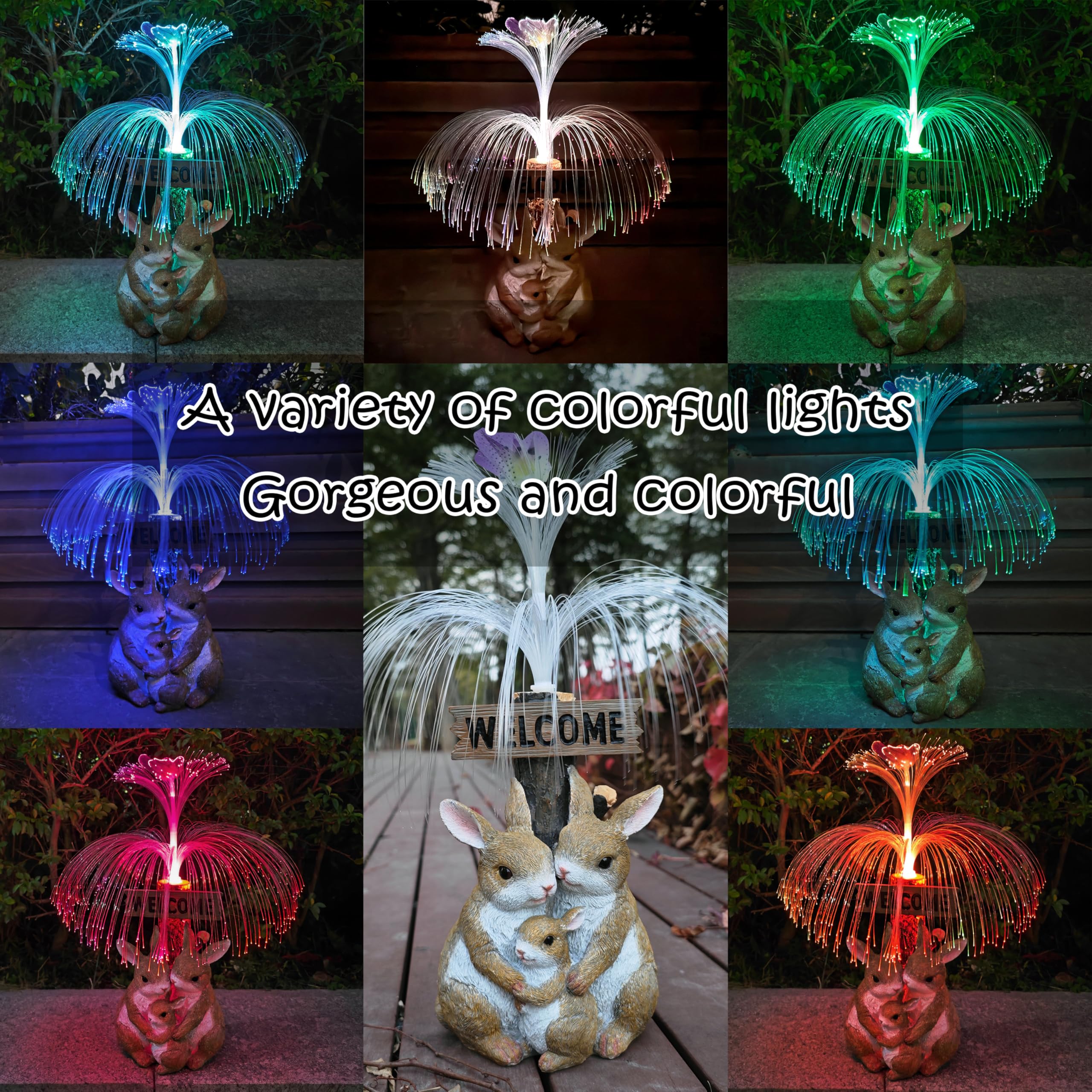 Rctticuu Solar Rabbit Garden Statues,Resin Rabbit Family Figurine With Welcome Card And 7-Color Changing Optical Fiber With Sola