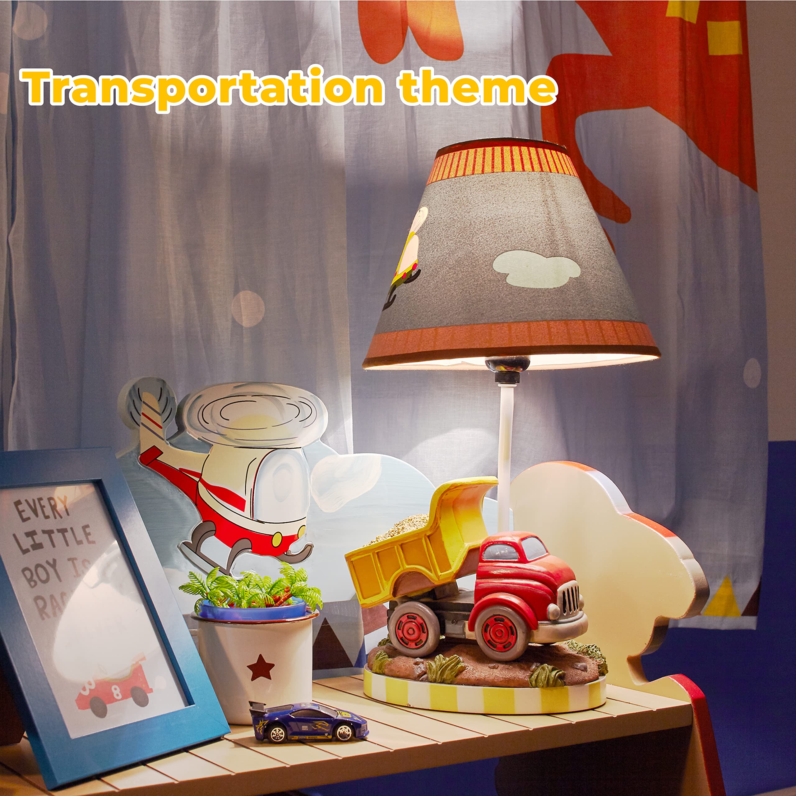 Fantasy Fields Kids Small Table Lamp, Truck Lamp, Car Lamp For Boys Room With Construction Truck Base & Helicopter Printed Shade, Transportation Themed