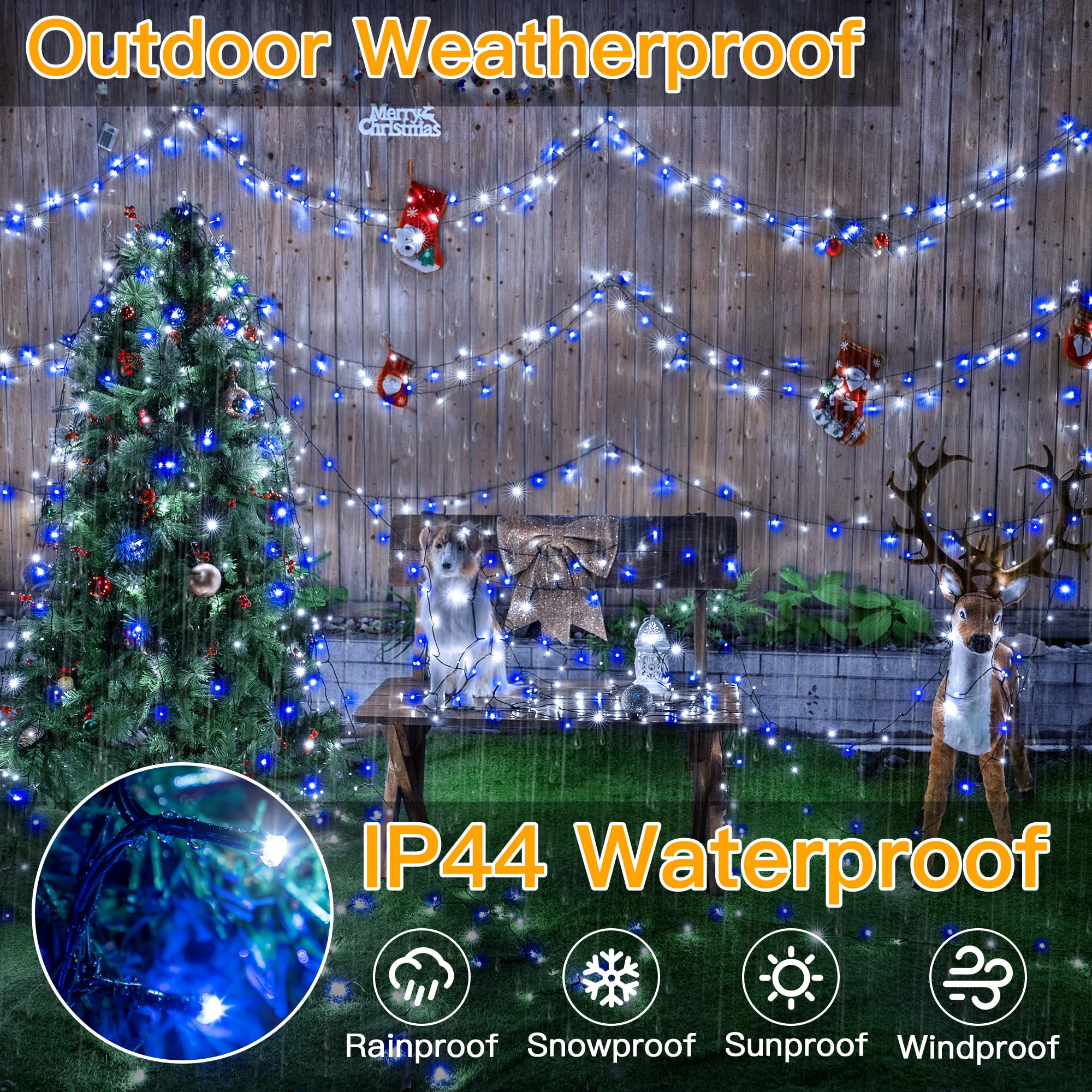 Ollny Christmas Lights 500LED 164FT IP44 Waterproof Remote Timer Blue White HG-29V503C