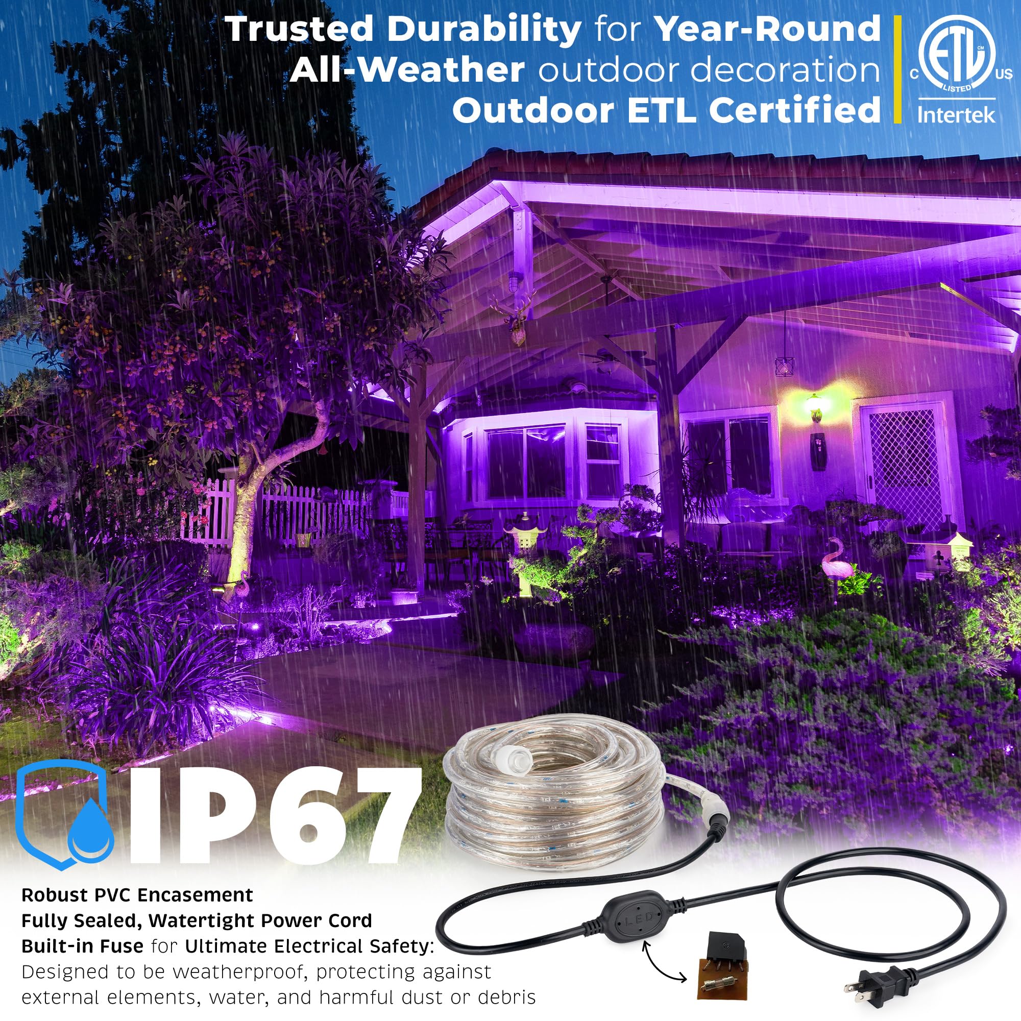 WYZworks LED Rope Lights, 25ft, Purple, Waterproof, Flexible Tube, ETL Certified, Model LED-ROPE-PURP-25FT