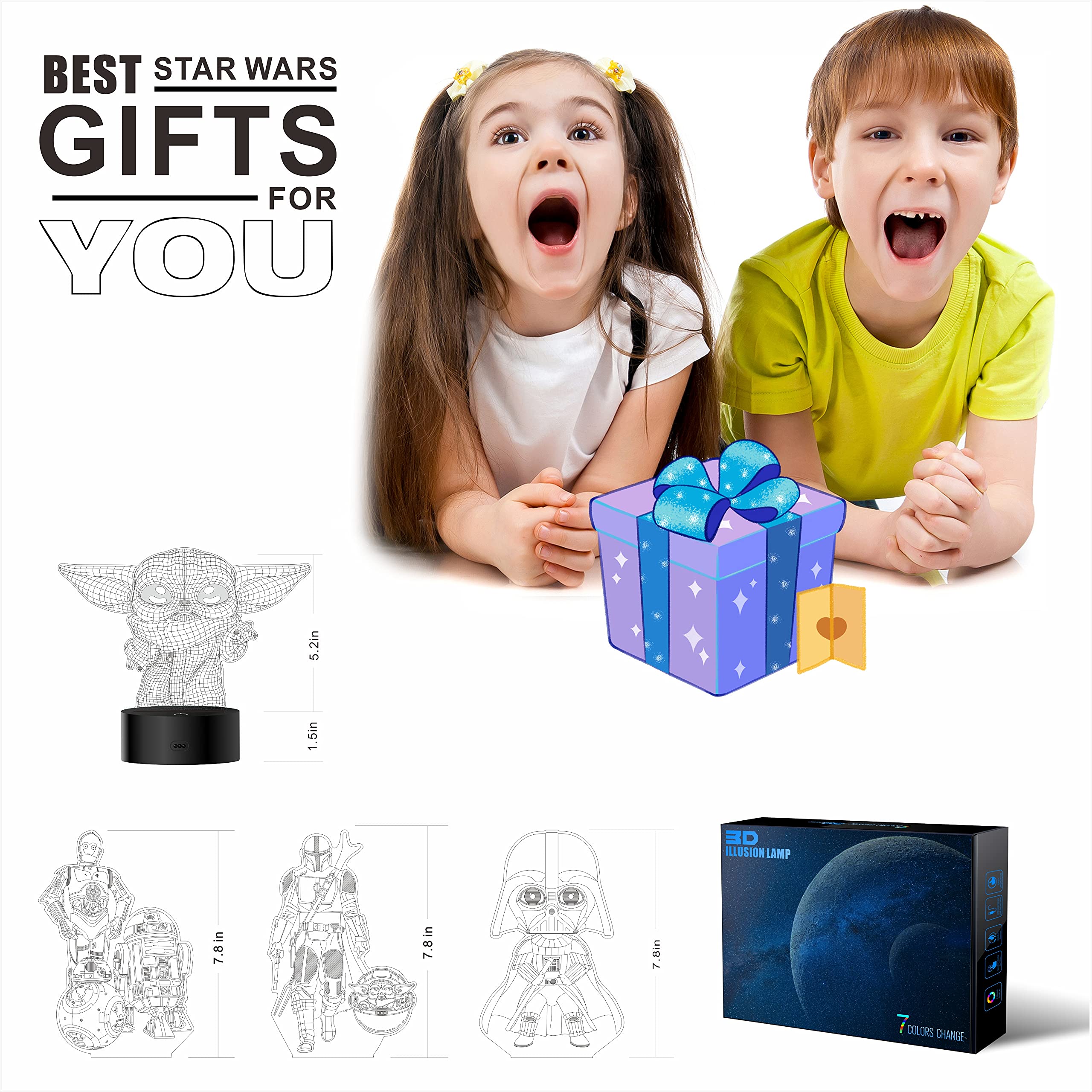 MOSSOM 3D Illusion Night Light - LED Lamp with 4 Patterns, Medium Size, Black, Model MOSSOM-4 Pattern, Perfect Gift for Star Wars Fans