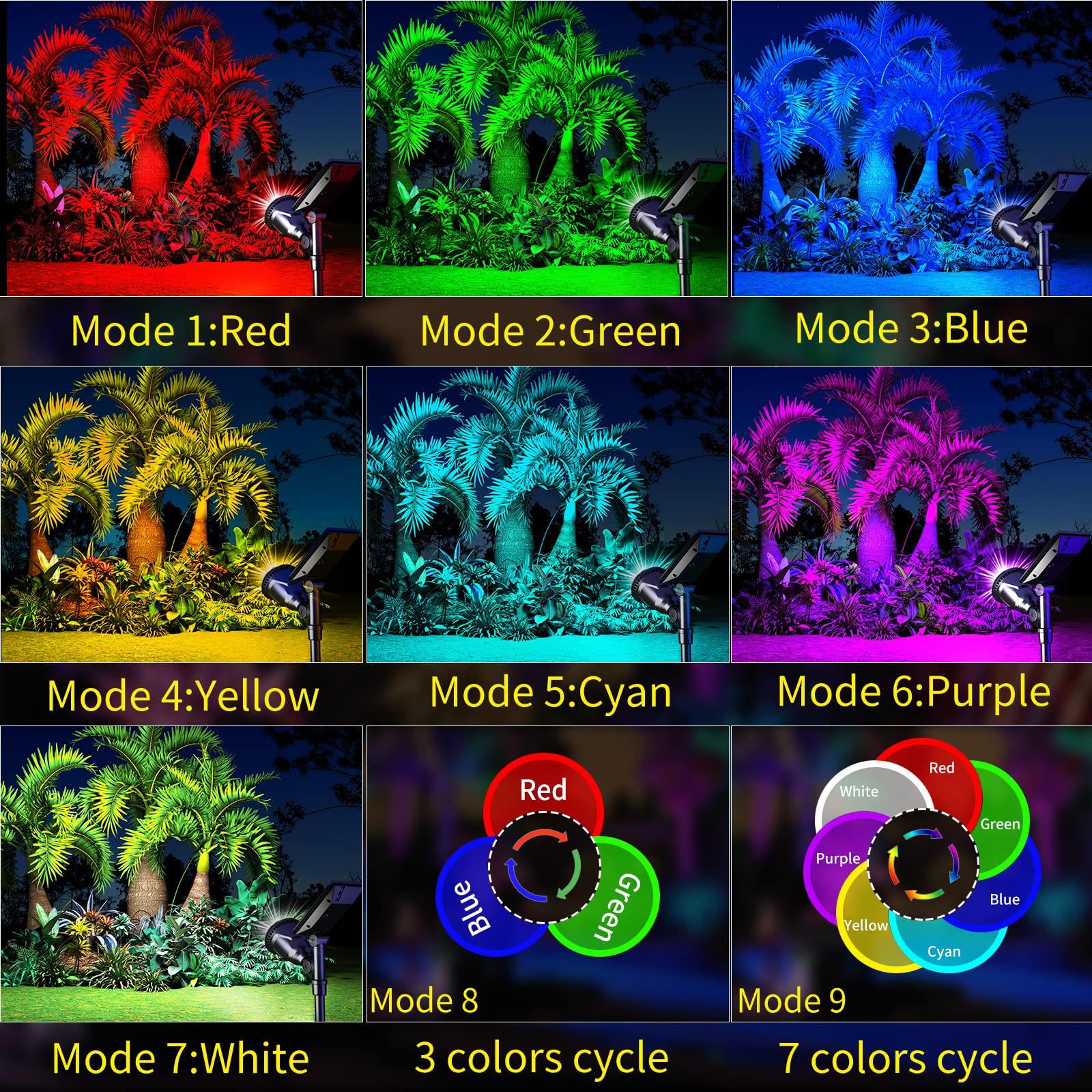 ROSHWEY Solar Garden Lights - 9 Lighting Modes, Waterproof, Multicolor - 4 Pack, Model DS-18, Outdoor Spotlights for Yard and Patio