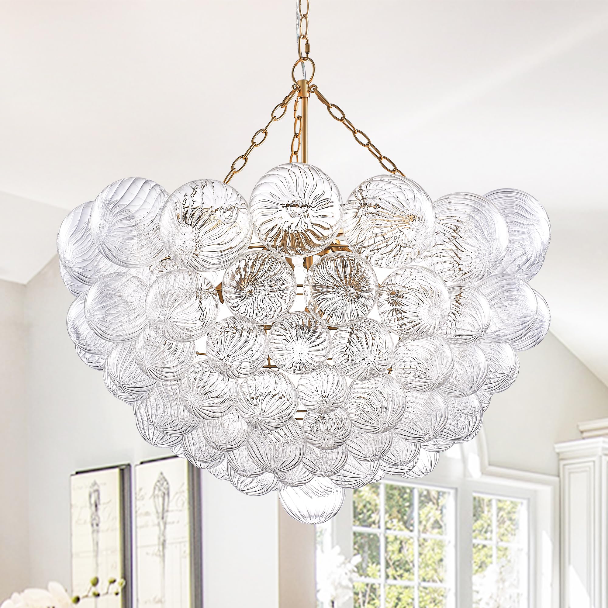 Longree Nordic Bubble Ball Swirled Glass Chandelier, Diam 31'' Gild Gold and Clear Modern Hand Blown Glass Pendant Light Fixture
