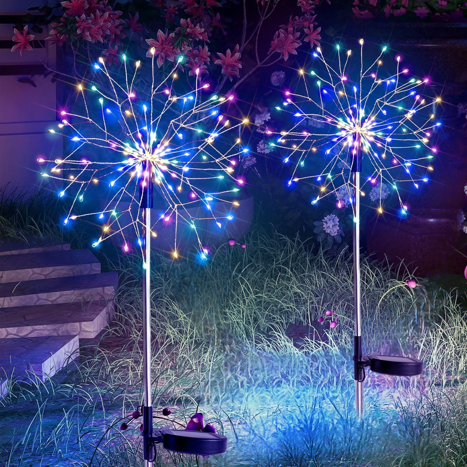 SUDDUS Solar Garden Lights Outdoor Waterproof Decorative, 2Pack 150LED Firework Lights, Solar Fairy Lights for Yard, Garden, Party, Patio, Pathway, Flowerbed - Multicolor