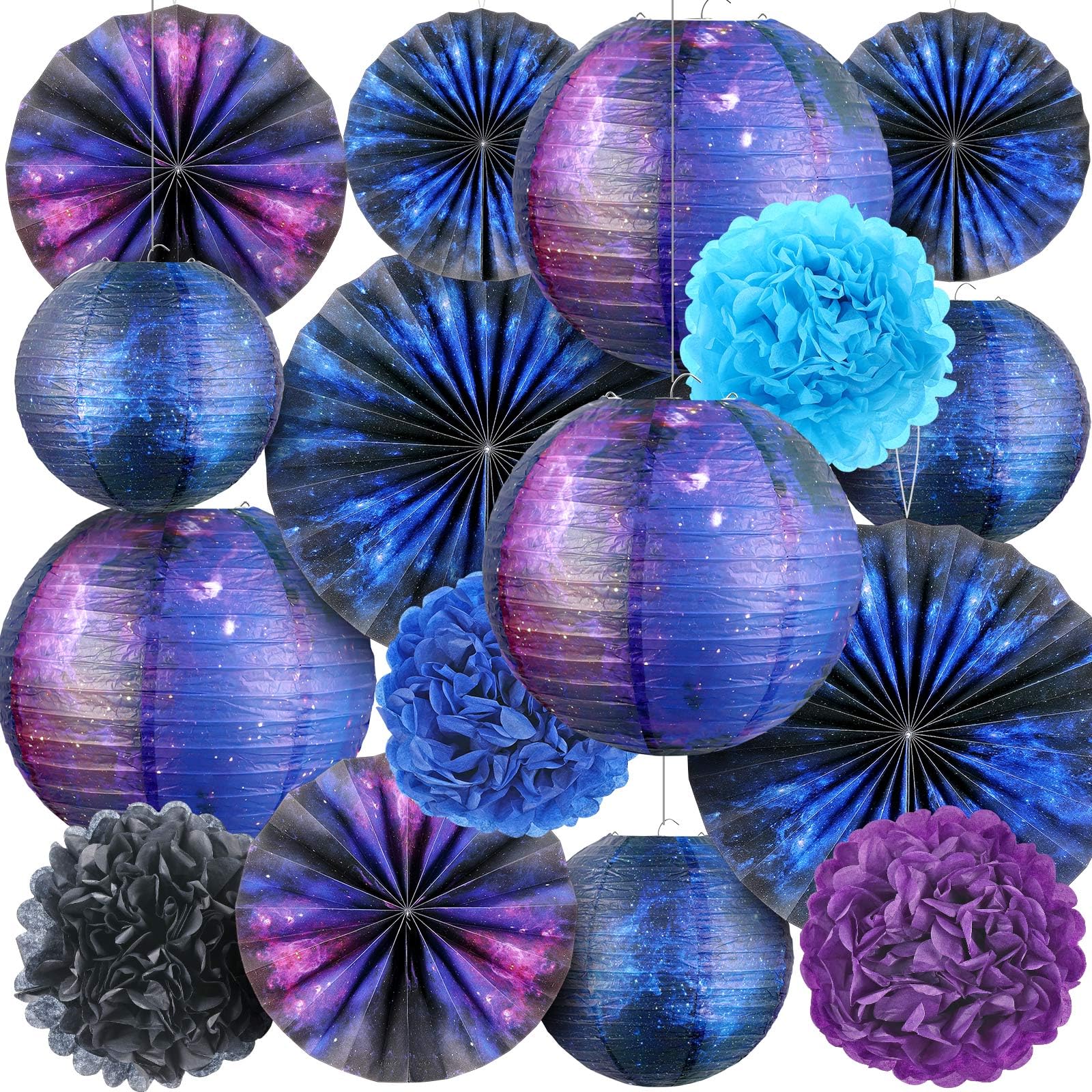 Hortsun 16 Pieces Galaxy Party Decorations Galaxy Print Paper Lanterns Paper Fans Flowers Space Themed Hanging Lanterns Ceiling 