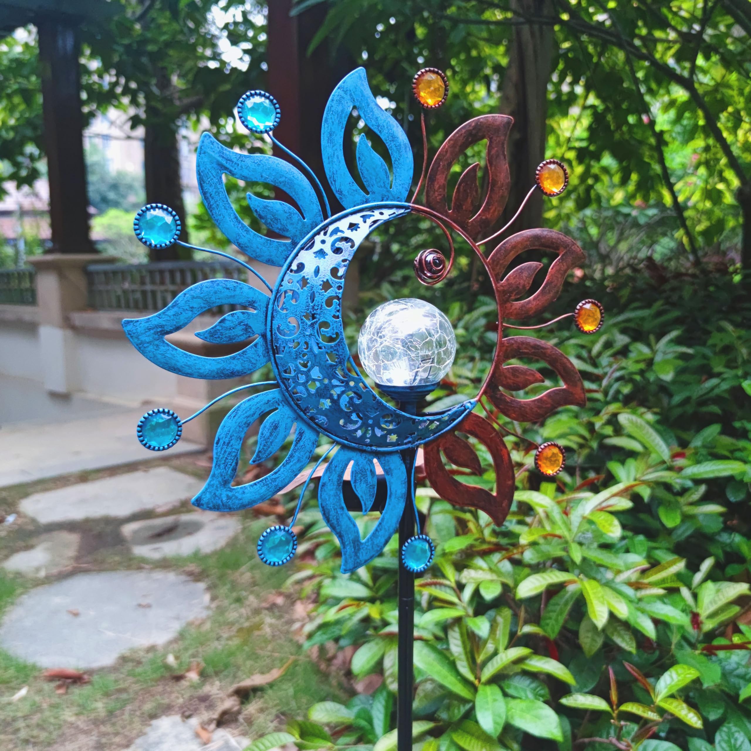 Qobumy Sun Moon Solar Lights Garden Stake Outdoor Decoration,Sun Moon Crackle Glass Globe Solar Metal Stake Light, Waterproof Le