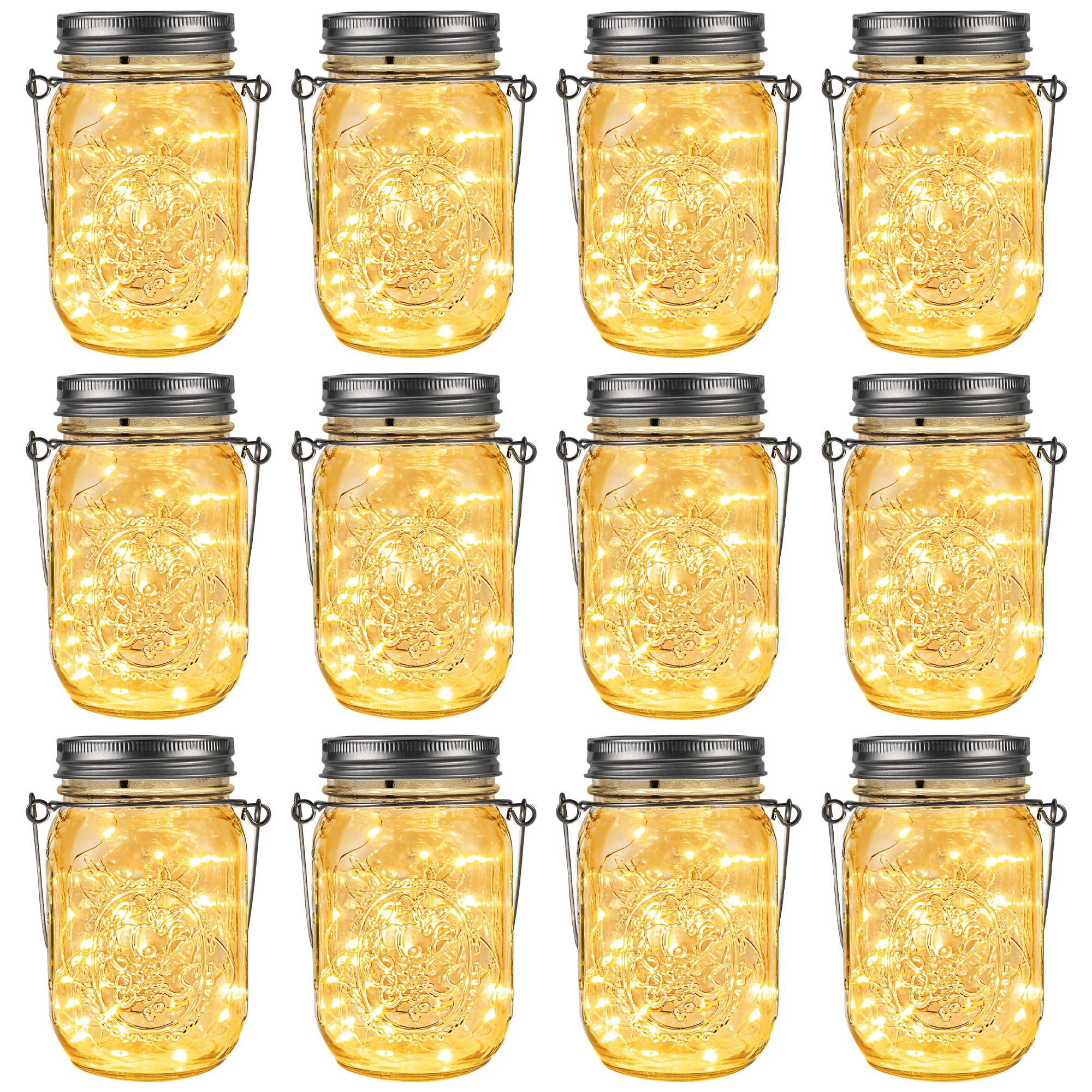 GIGALUMI Solar Mason Jar Lights, 12 Pack 30 Led String Fairy Lights Garden Lights Outdoor Waterproof Metal Lid Hanging Solar Lan