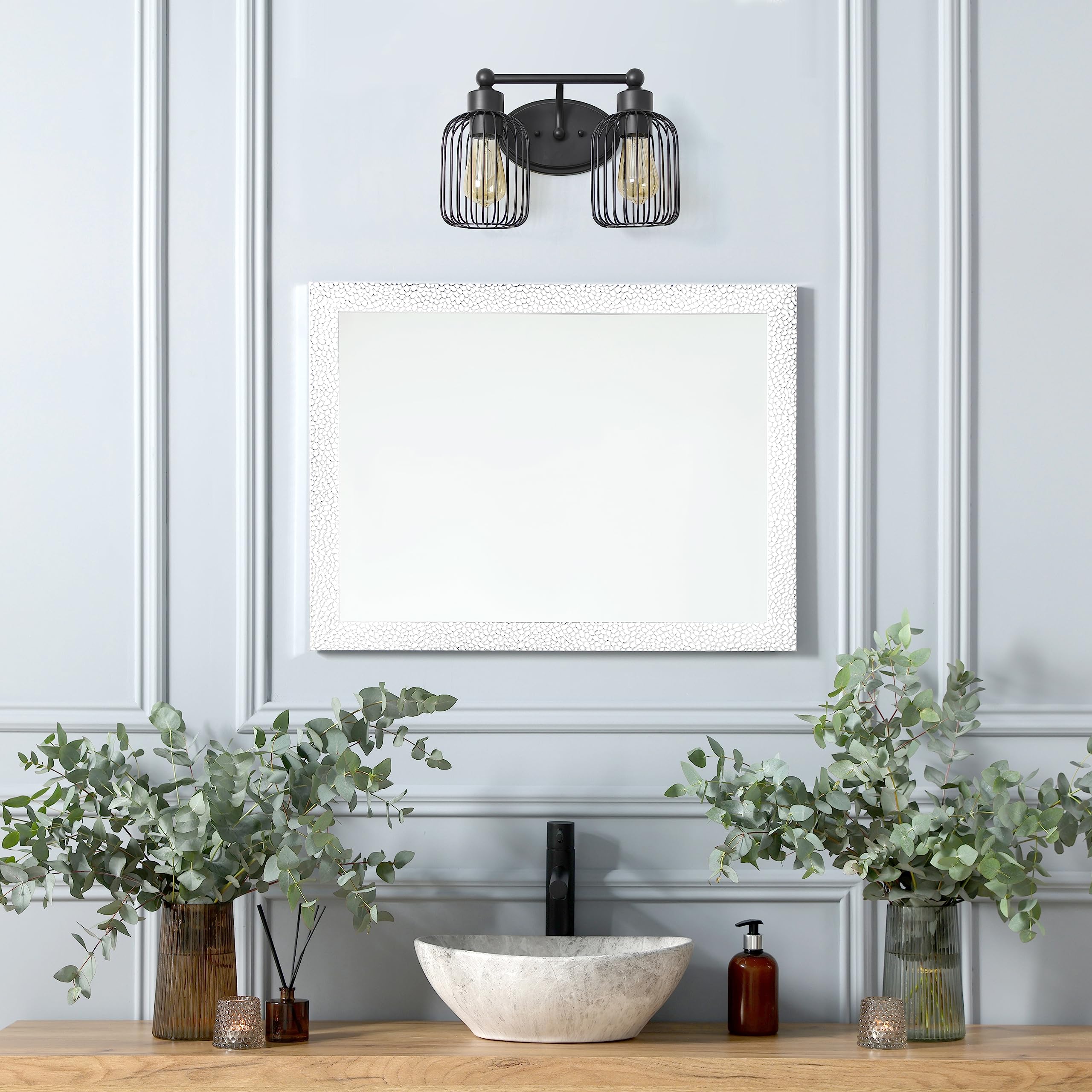 Elegant Designs Vt1021-Blk 14 Black Iron Industrial Farmhouse Wall Vanity Fixture With Metal Birdcage And Oval Backplate
