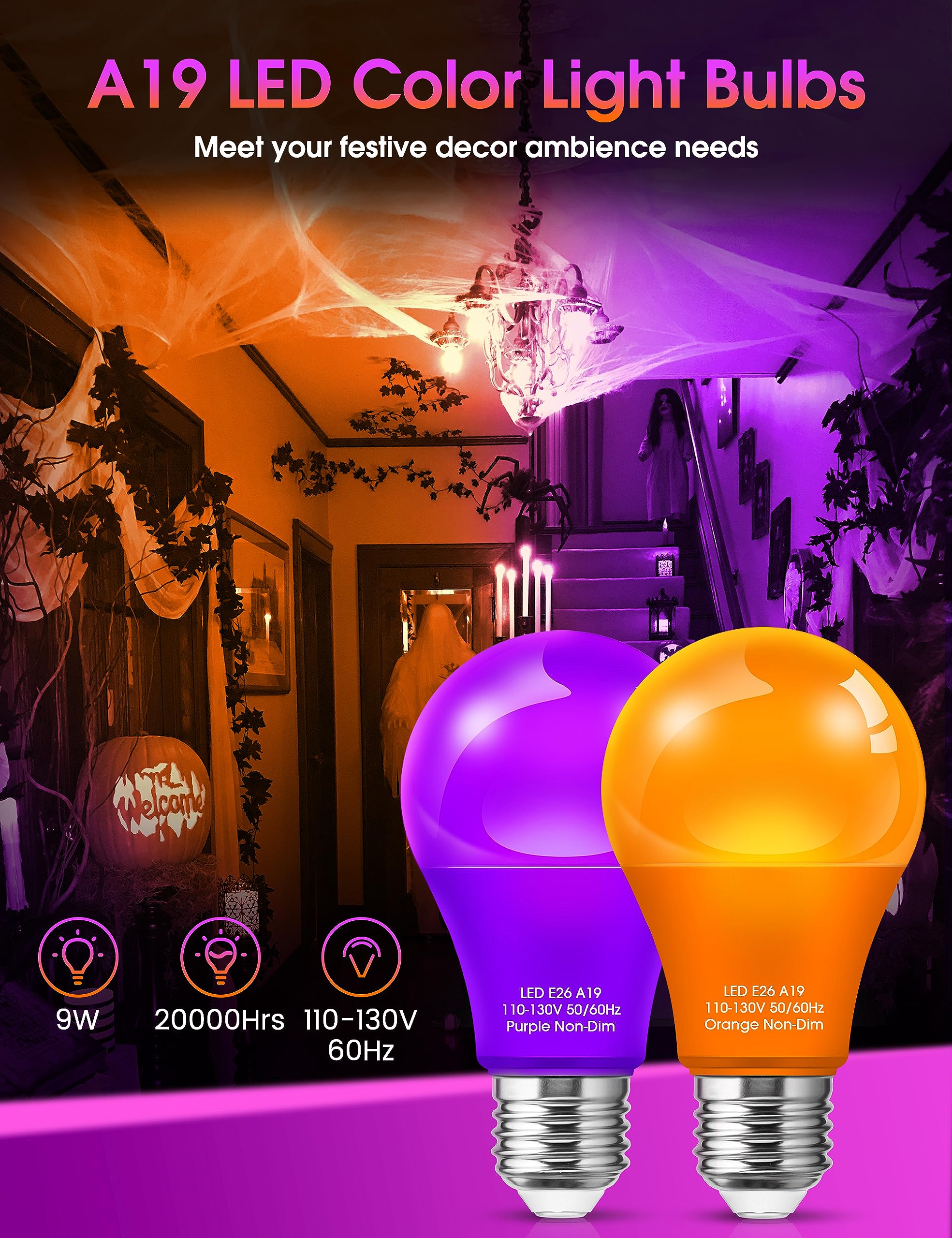 Fulighture Purple Orange Led Light Bulbs - 4 Pack A19 Halloween & Party Decor, 9W E26