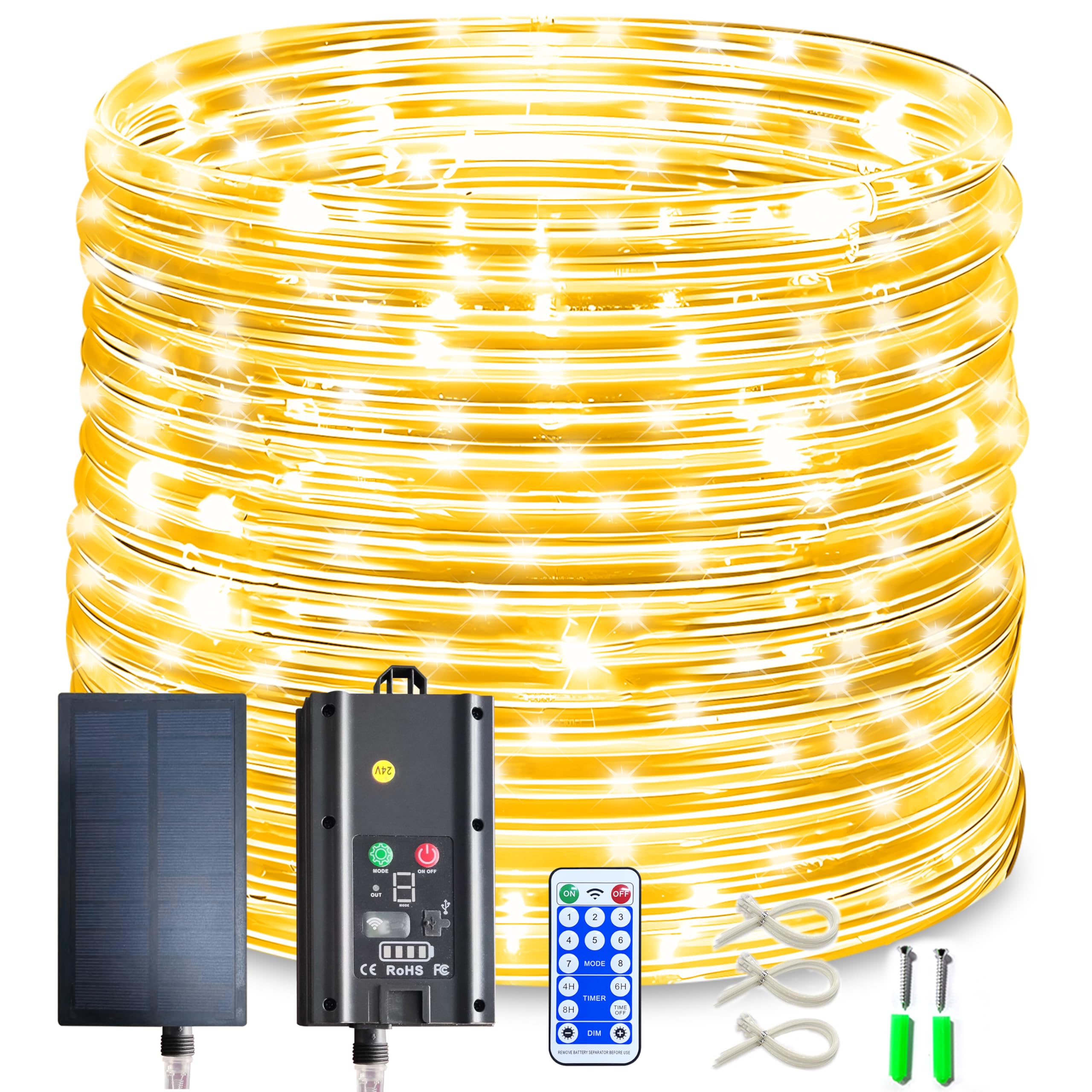 KUshopfast Solar Rope Lights - 149 FT, 1500 LED, Waterproof, Warm White, 8 Modes, Model FTY0038 for Patio, Backyard, Christmas