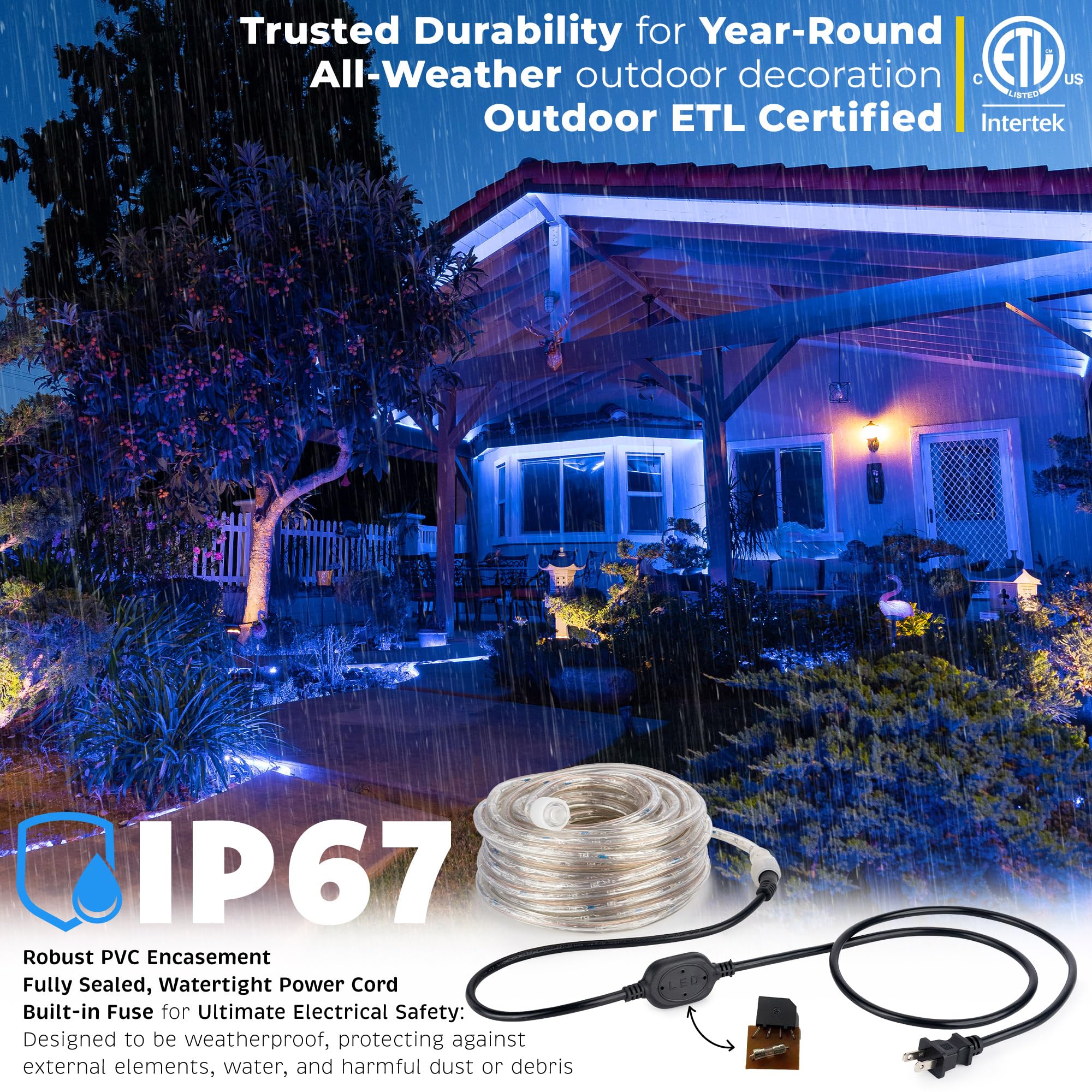 Wyzworks 216Leds, 20Ft Led Outside Rope Lights, Waterproof Permanent Outdoor Etl Certified Connectable Clear Tube, Christmas Palm Tree Holiday Decorative Landscape Patio Accent Lighting - Blue