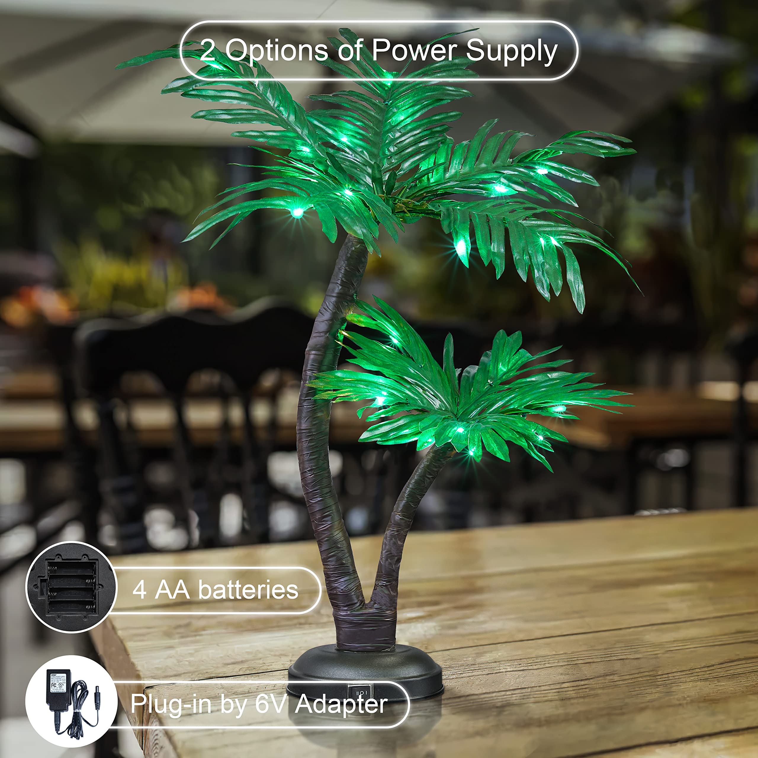 Lightshare 24Inch Twins Palm Tree Bonsai 25Led Lights,Green Light,Battery Powered Or Plug-In Adapter (Included), Built-In Timer