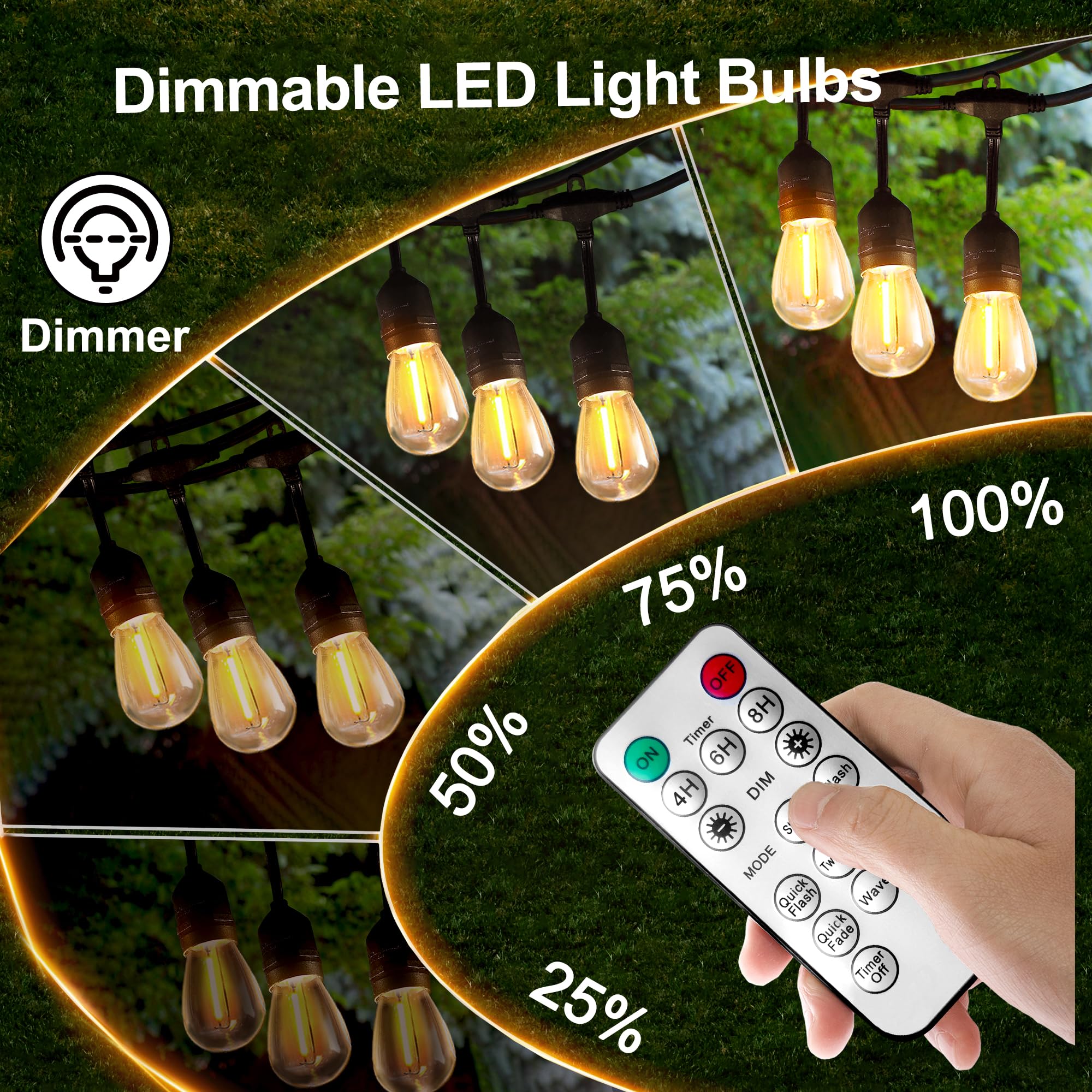 BLIATLUS 100FT Solar String Lights Outdoor Waterproof with Remote Control Solar Patio Lights 30+2 shatterproof LED E26 S14 Bulbs