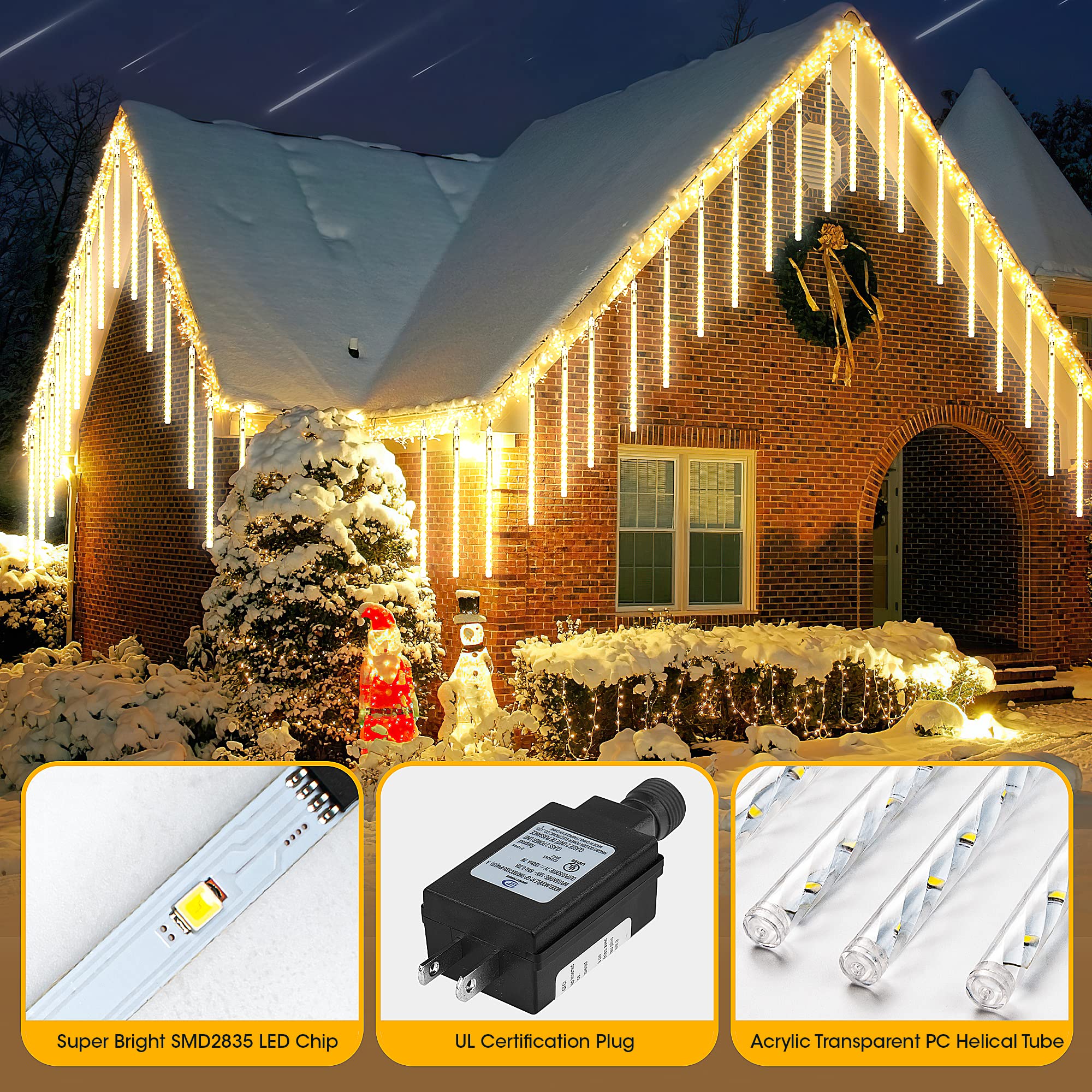 PGFUN Meteor Shower Icicle Lights 576 LEDs, 24 Tubes, White, Holiday Decoration
