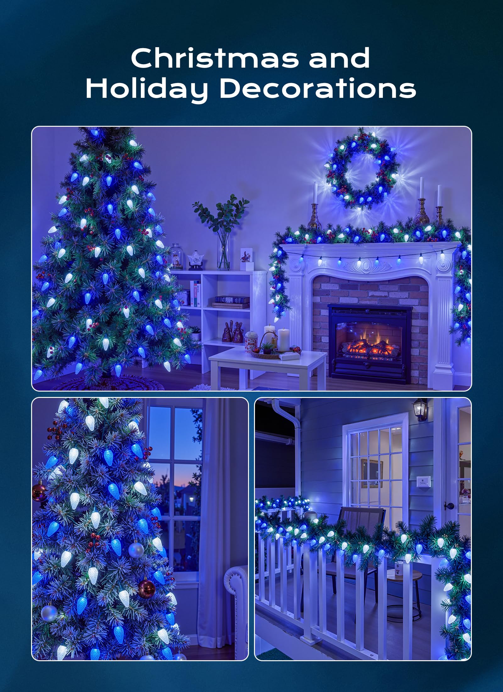 C9 Christmas Lights Outdoor  100 Ft 150 Led Connectable C9 String Lights With 8 Modes And Timer Xmas Tree Patio Roofline Garden Yard Holiday Party Indoor Outdoor Decoration  Blue And White