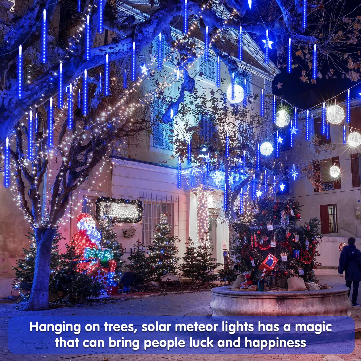 JMEXSUSS Solar Christmas Lights - 8 Tube 144 LEDs Waterproof Blue Icicle Lights for Outdoor Yard and Patio Decoration