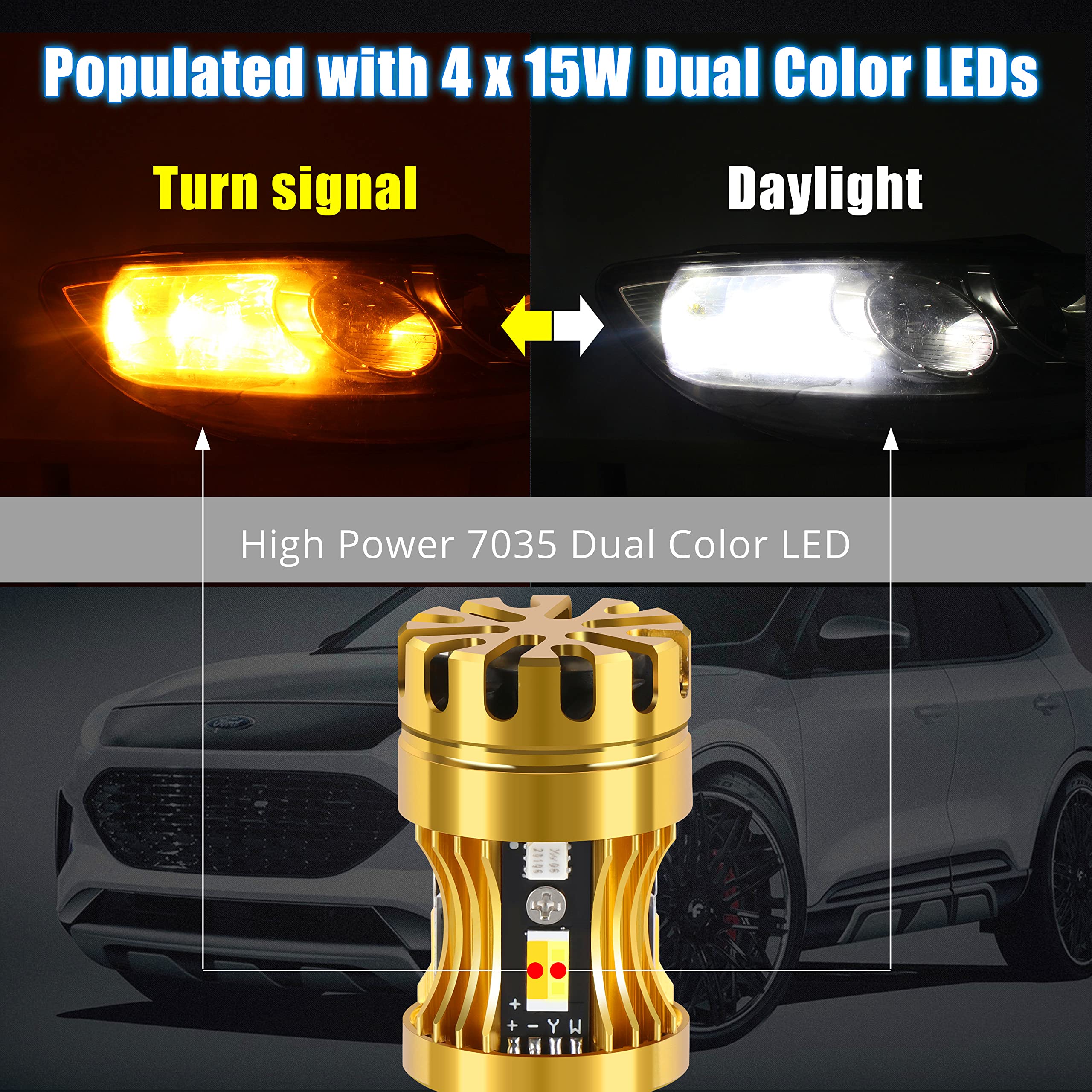 Alla Lighting 3457 4157 3157 Switchback Led Bulbs, Dual-Color Amber Yellow Turn Signal Lights/6000K White Parking Light/Drl 3157