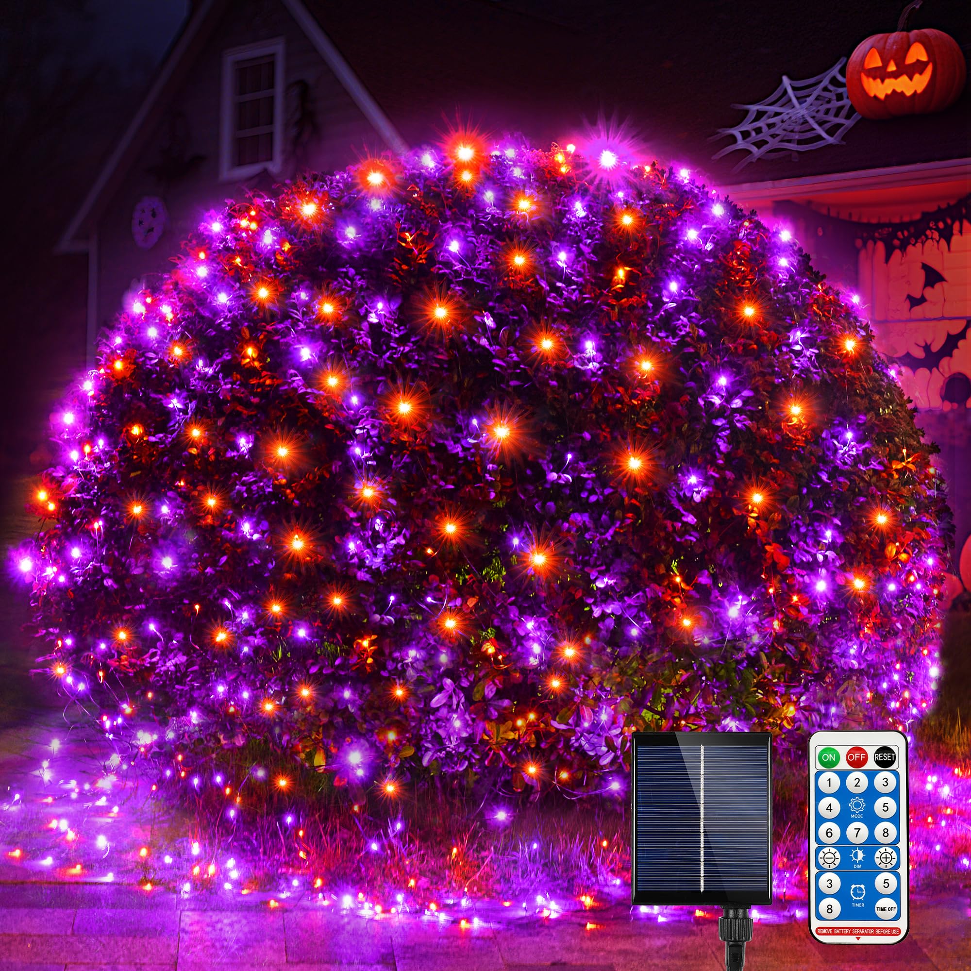 WBao Solar Halloween Lights 360LED 11.5ft x 6.9ft Orange Purple Halloween Net Lights with Remote, 8 Modes, Timer, IP65 Waterproo
