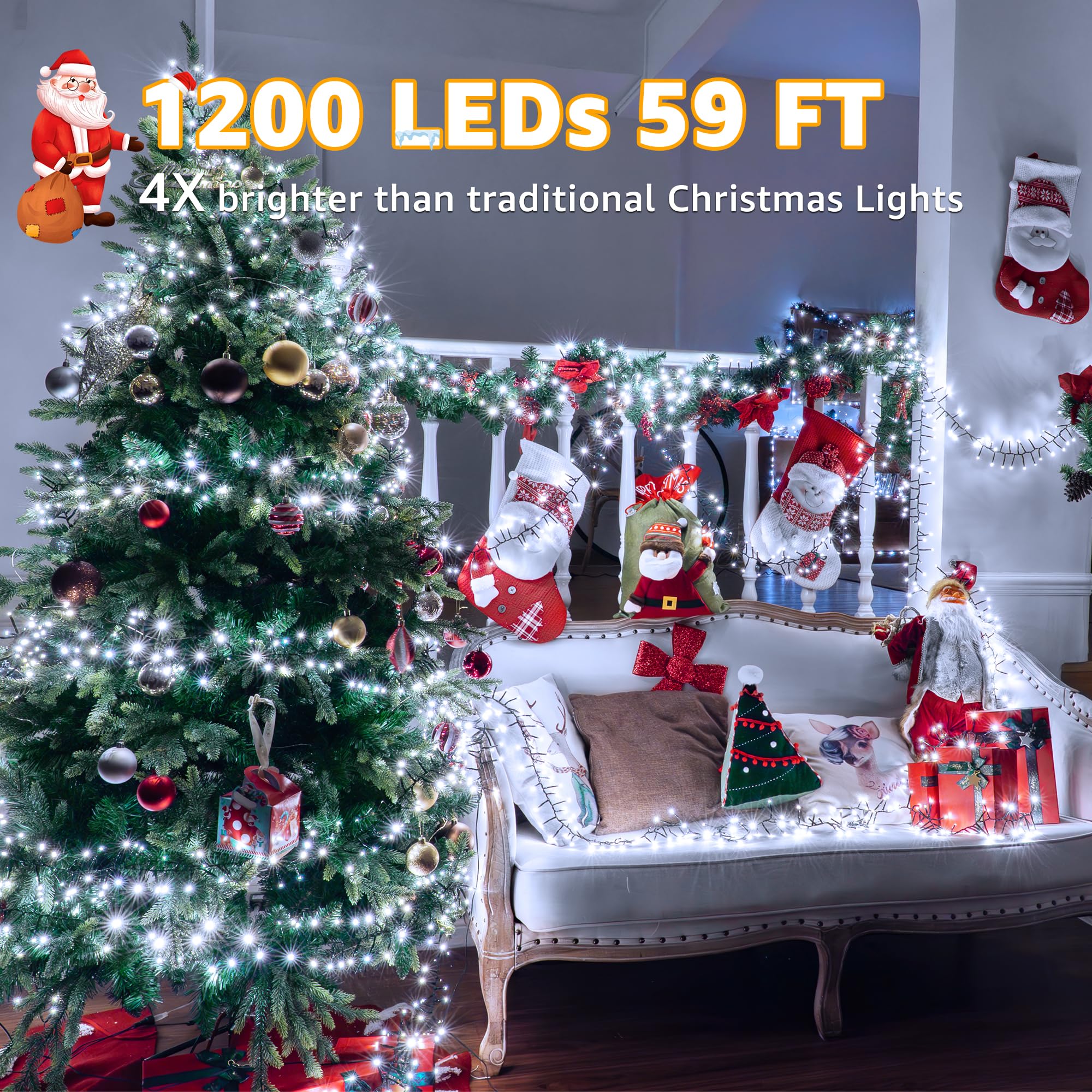 Ccinny 1200 Led 59 Ft Cluster Lights  White Christmas Tree Lights 8 Modes Timer Remote  Waterproof String Lights For Indoor Outside Garland Xmas Decorations